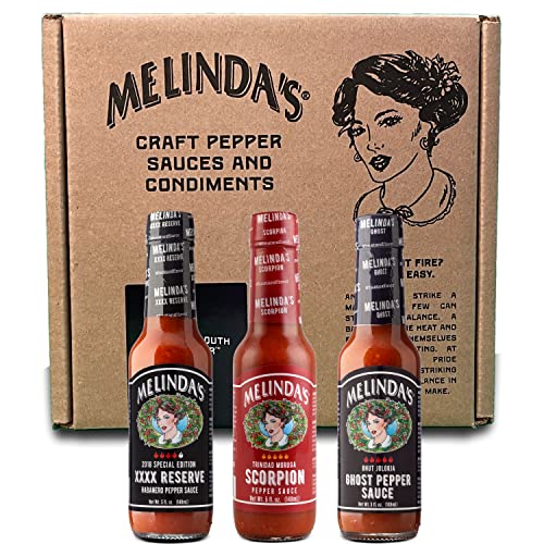 Melinda’s Extreme Fiery Collection - Extra Spicy Craft Hot Sauce Gift Set with Ghost Pepper, Scorpion Pepper & Habanero XXXXtra Reserve - 5oz, 3 Pack - Perfect for Hot Sauce Lovers, BBQ, Wings & Spicy Food Challenges