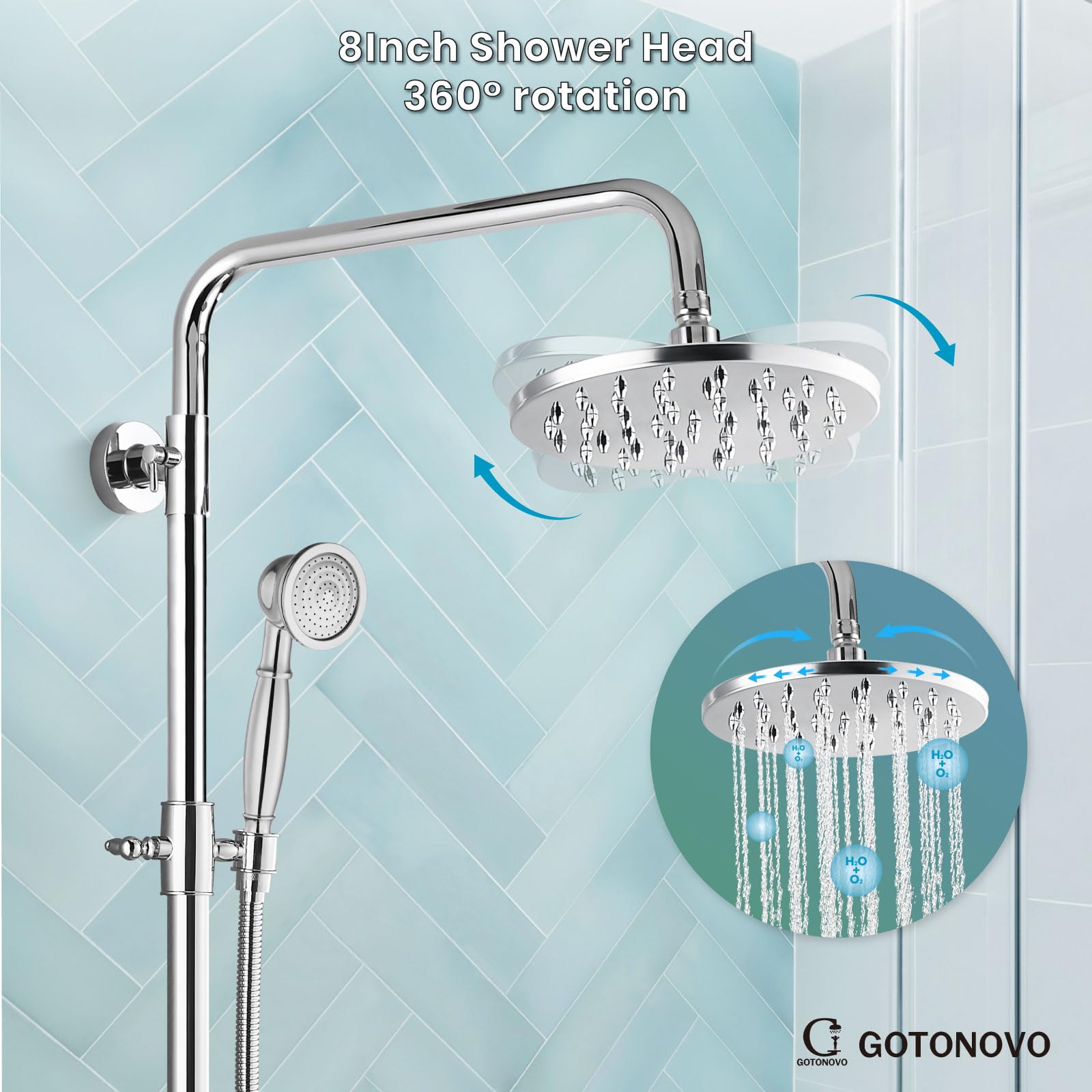 Gotonovo 8 Inch Exposed Shower Faucet Set - 3-Function Rainfall Showerhead with Tub Spout & Cross Handles - Polish Chrome Shower System for Bathroom Remodel & Luxury Spa Experience