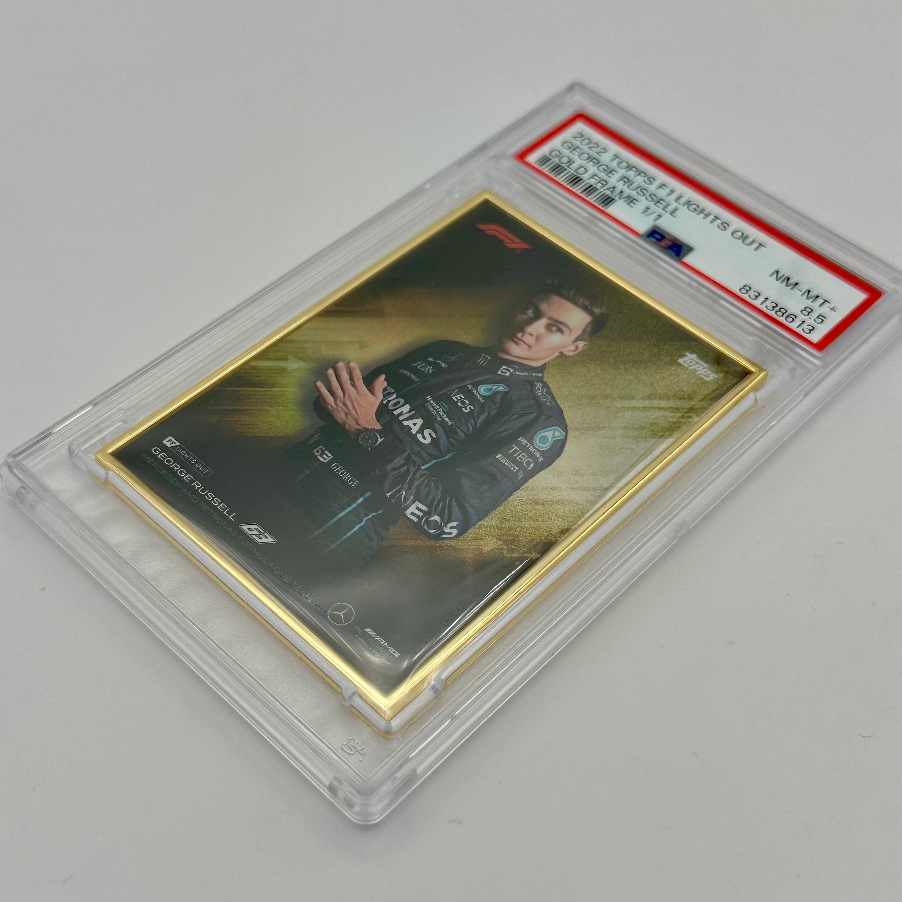 2022 George Russell Lights Out PSA 8.5 Graded Gold Frame Racing Card - Perfect for F1 Collectors & Motorsport Memorabilia Displays