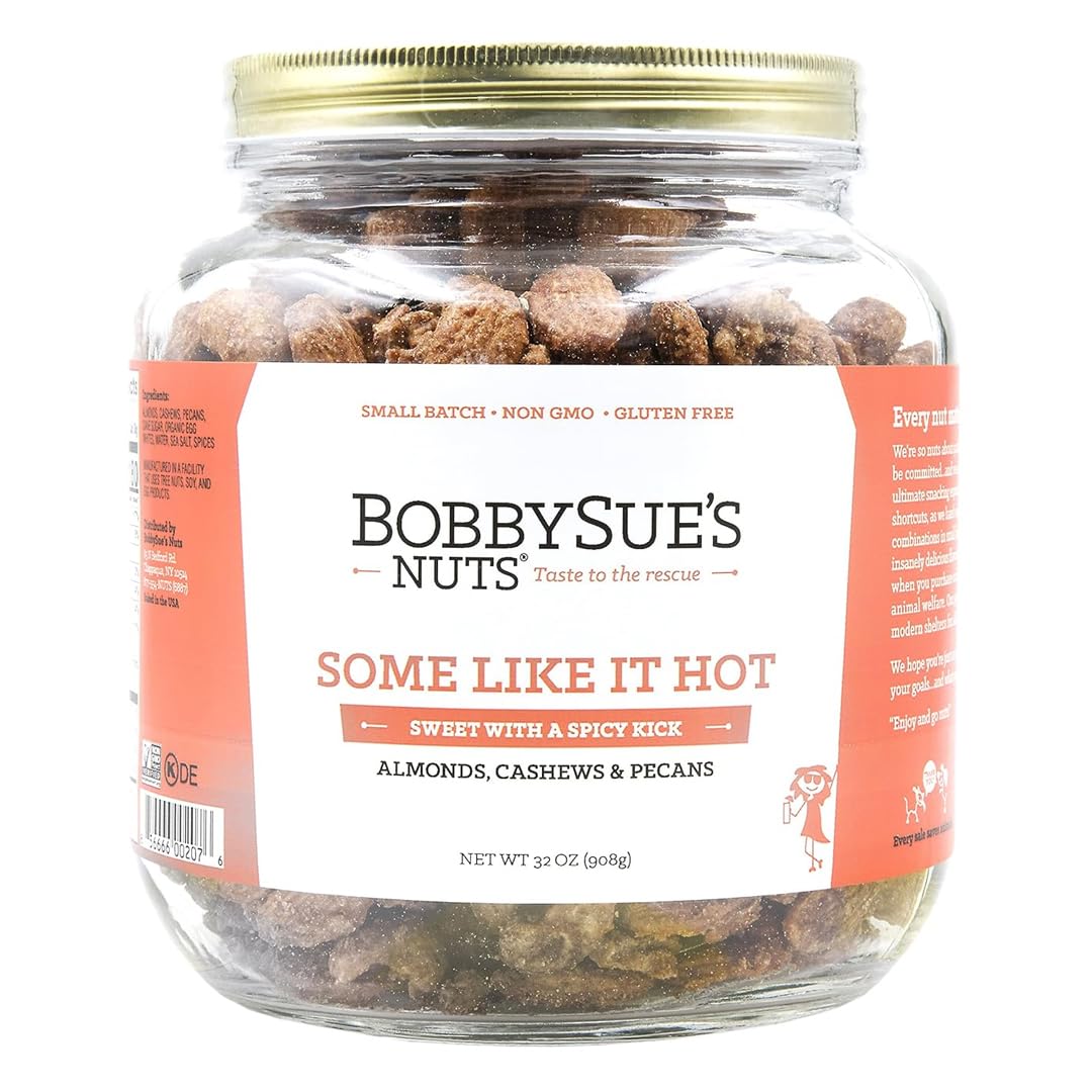 BobbySue's Nuts Some Like It Hot Gourmet Nut Mix - Spicy All Natural Snacks, Gluten Free, Low Sugar, High Protein with Almonds, Cashews & Pecans (32 Oz Jar) - Perfect for Parties, Office Snacks & Healthy On-the-Go Nutrition