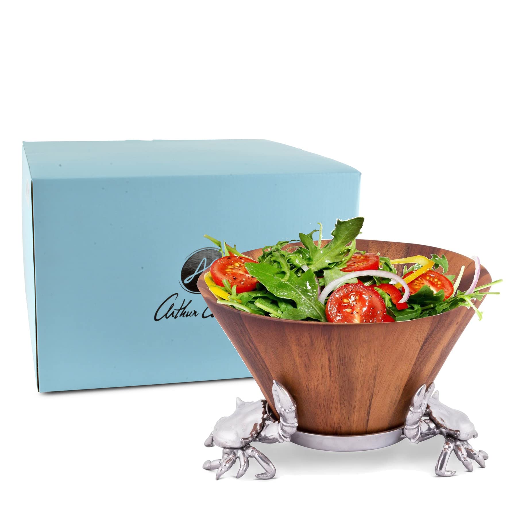 Arthur Court Designs Acacia Wood Salad Bowl with Aluminum Crab Stand - 12 Inch Diameter x 7 Inch Tall - Perfect for Seafood Dishes, Dinner Parties & Coastal-Themed Decor