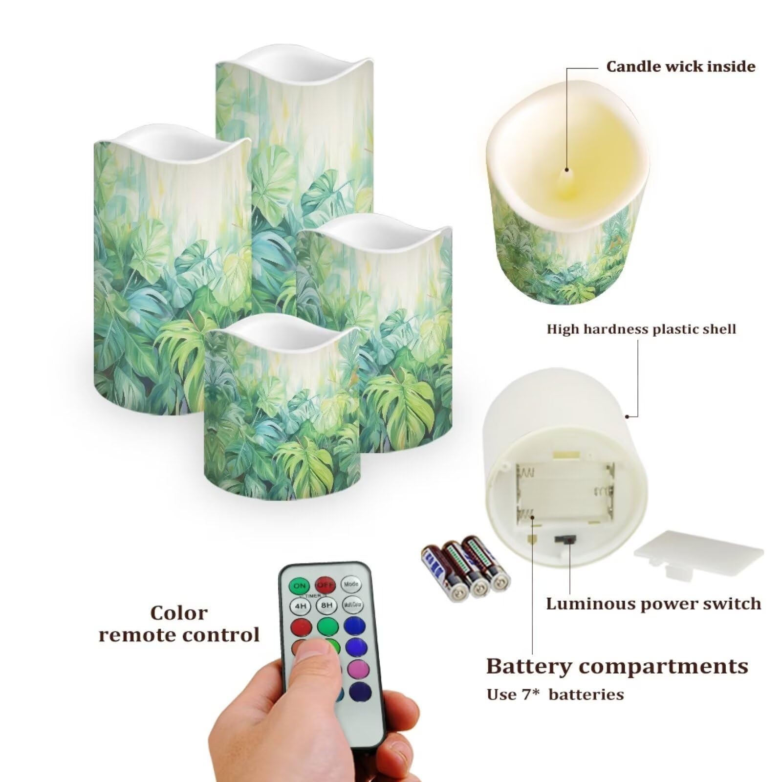 Ystardream Tropical Leaf Flameless LED Candles - Set of 4 Battery Operated Candles with Remote & Timer, Realistic Decorative Flameless Candles for Home, Wedding, Birthday Party Decor - Perfect for Centerpieces, Romantic Dinners & Holiday Ambiance