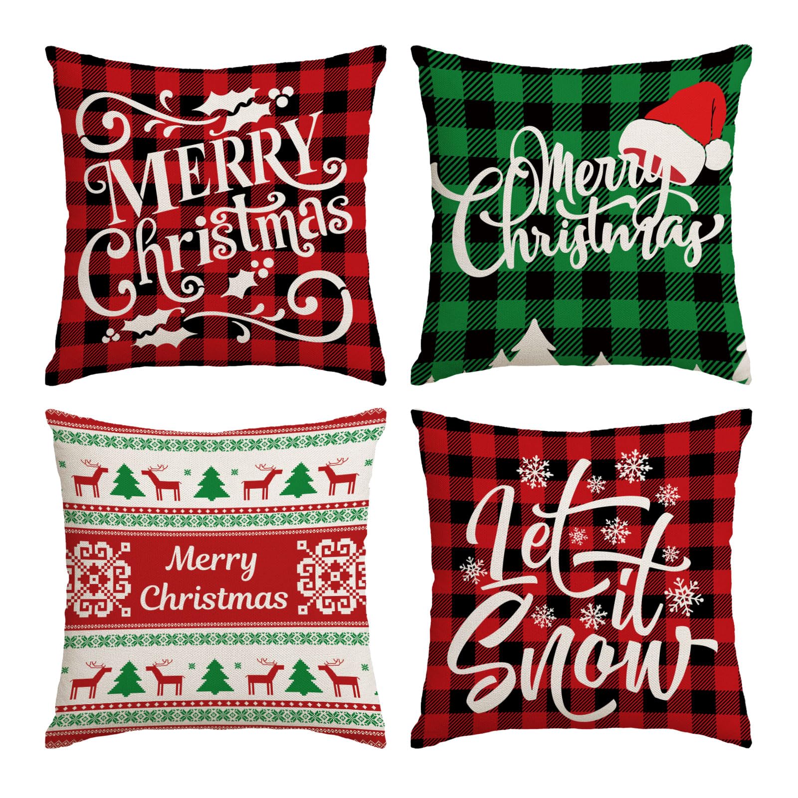 Festive Christmas Pillow Covers Set of 4 - 22x22 Inch Holiday Decorative Throw Pillow Cases with Christmas Tree, Deer & Santa Designs in Red & Green - Perfect for Sofa, Couch, Bed or Outdoor Christmas Decorations (22 by 22 Inch) - Ideal for Living Room, Porch & Holiday Home Decor