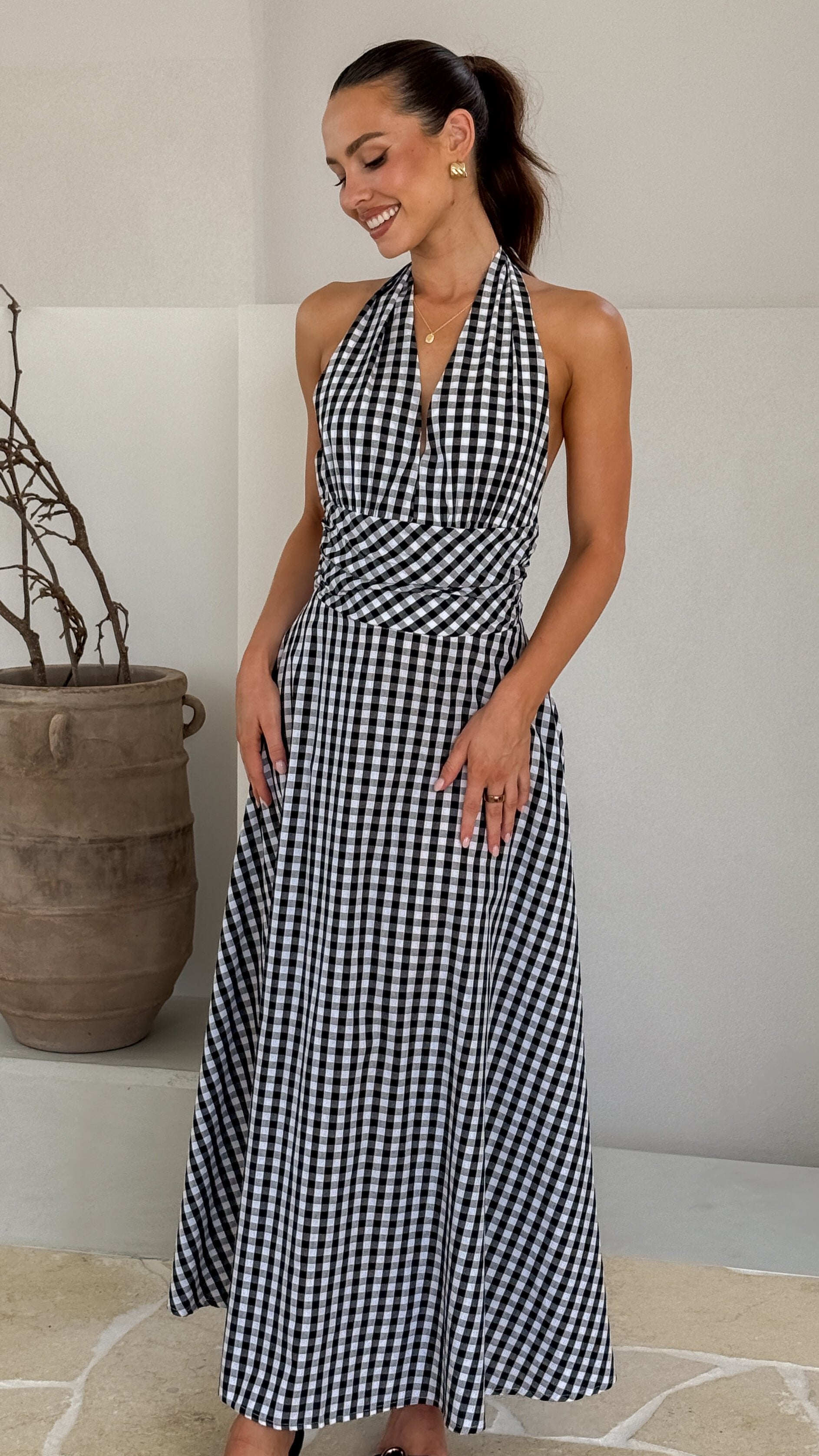 Brydie Halter Maxi Dress - Black Gingham Print Flowy Summer Dress for Women | Beach Cover Up, Vacation Outfit, Boho Chic Fashion
