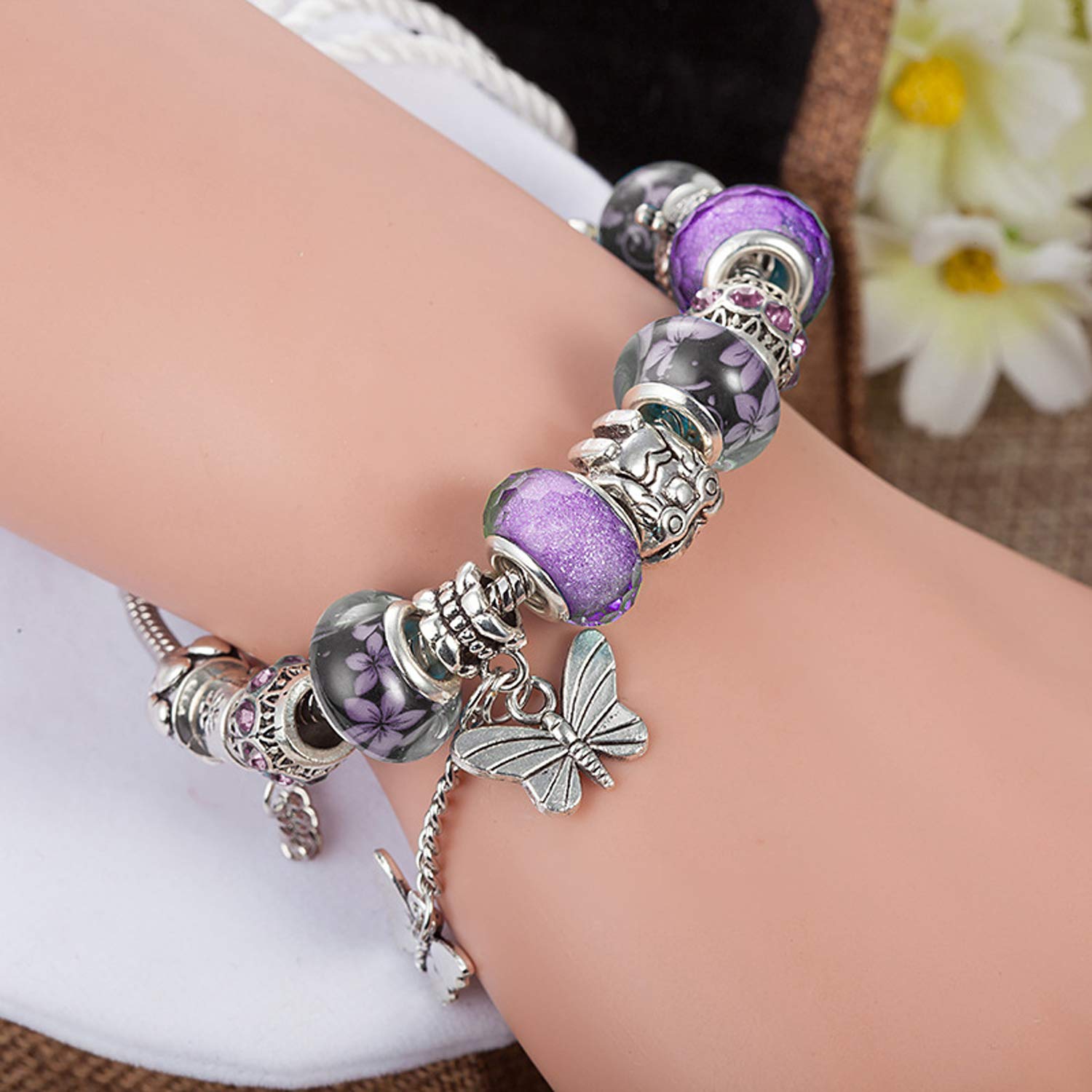 Butterfly Charms Bracelet for Women - Handmade Murano Glass Beads & Floral Design Adjustable DIY Bracelet - Perfect Birthday Gift for Her, Friendship Jewelry for Everyday Wear & Special Occasions