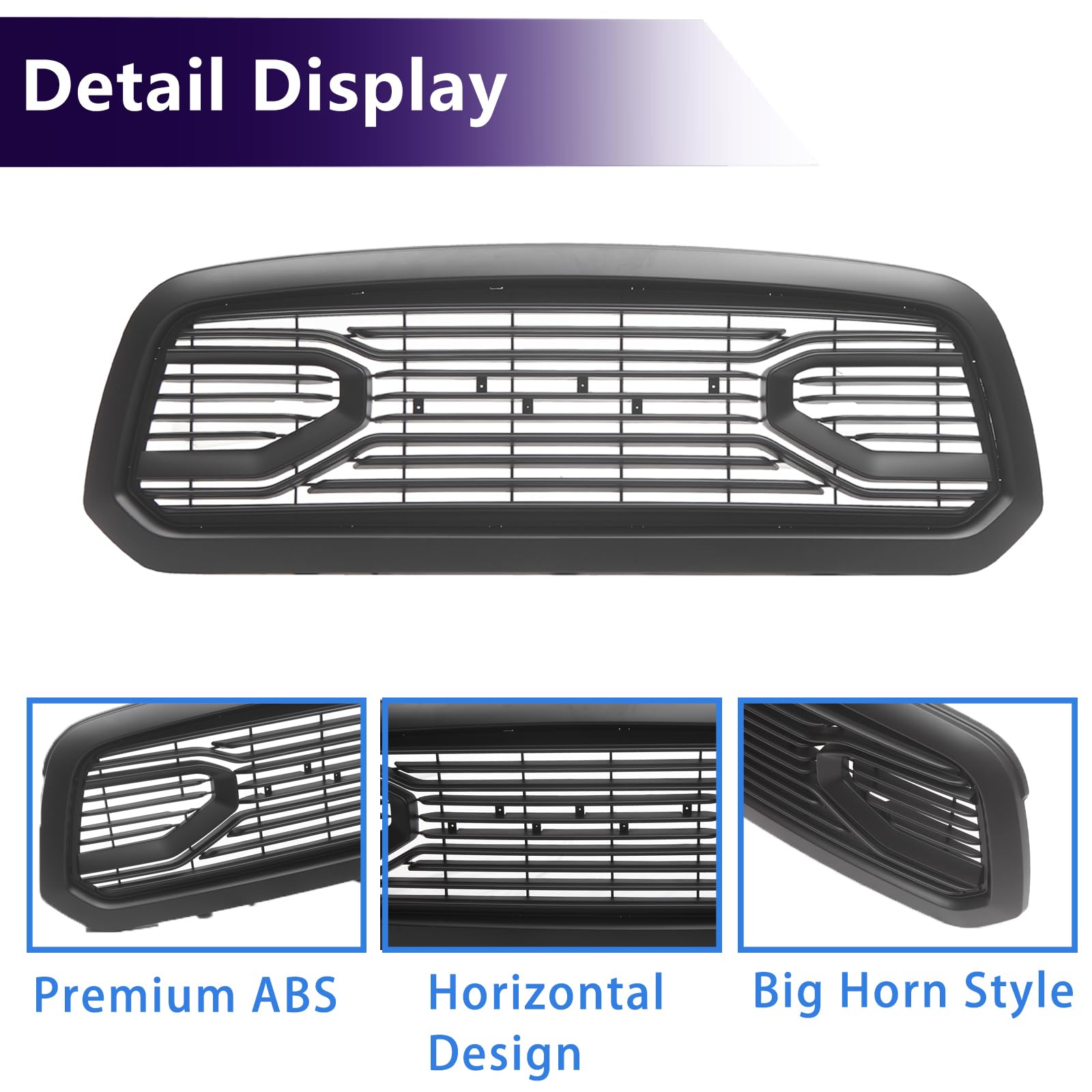 Replacement ABS Grille Compatible with 2013-2018 Ram 1500 Pickup Truck - Big Horn Style Matte Black Horizontal Grill with RAM Letters | Direct Fit Upgrade for Dodge Ram 1500 | Perfect for Off-Roading, Truck Customization & Car Shows