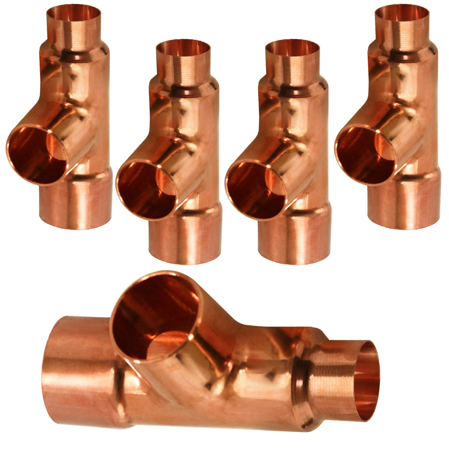 5 Pack DDSU1512-5 Reducing Tee Copper Fittings with Sweat Ends, 1-1/2