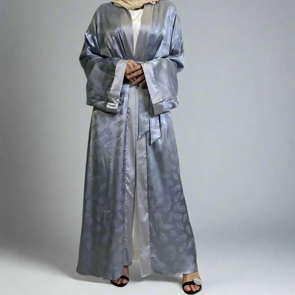 Muslim Women's Fashion Printed Satin Open Front Abaya Dress - Elegant Prayer & Daily Wear Cardigan for Hijab Outfits