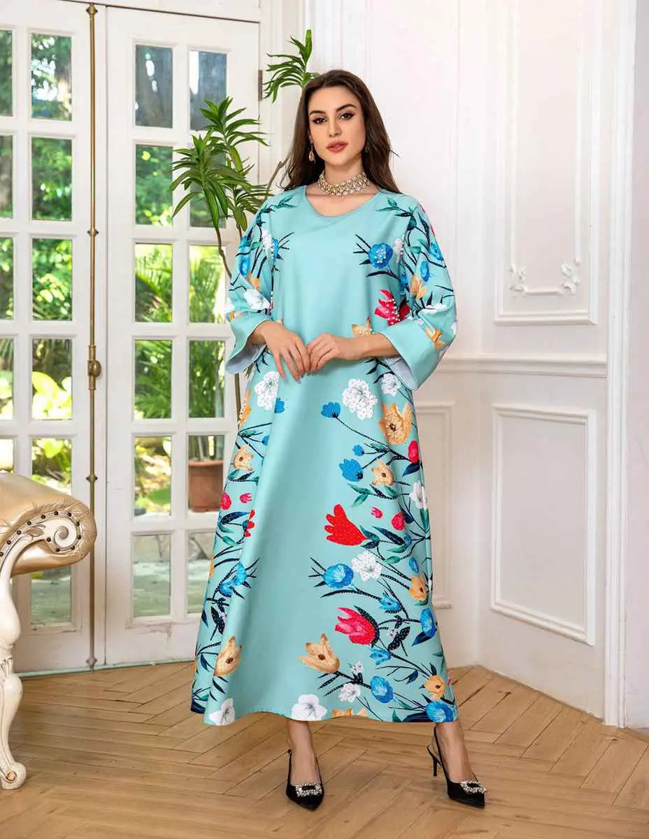 Elegant Eid Dress for Women - Arab Printed Kaftan Caftan Abaya Dress with Long Sleeves - Perfect for Eid Celebrations, Weddings & Special Occasions
