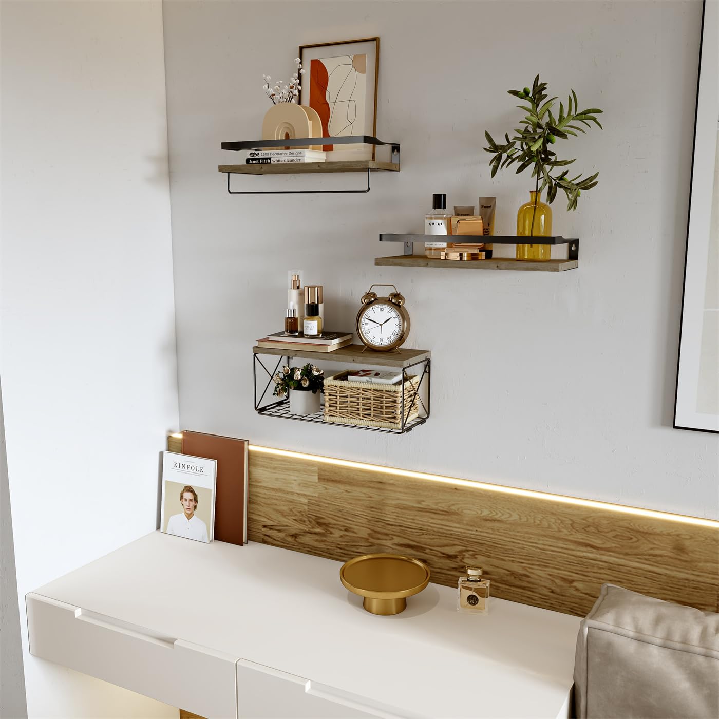 Floating Wall Shelves with Storage Basket - Rustic Wood Wall Mount Shelf for Bathroom, Living Room, Kitchen - Perfect for Organizing Toilet Paper, Towels & Decor | Space-Saving Home Storage Solution