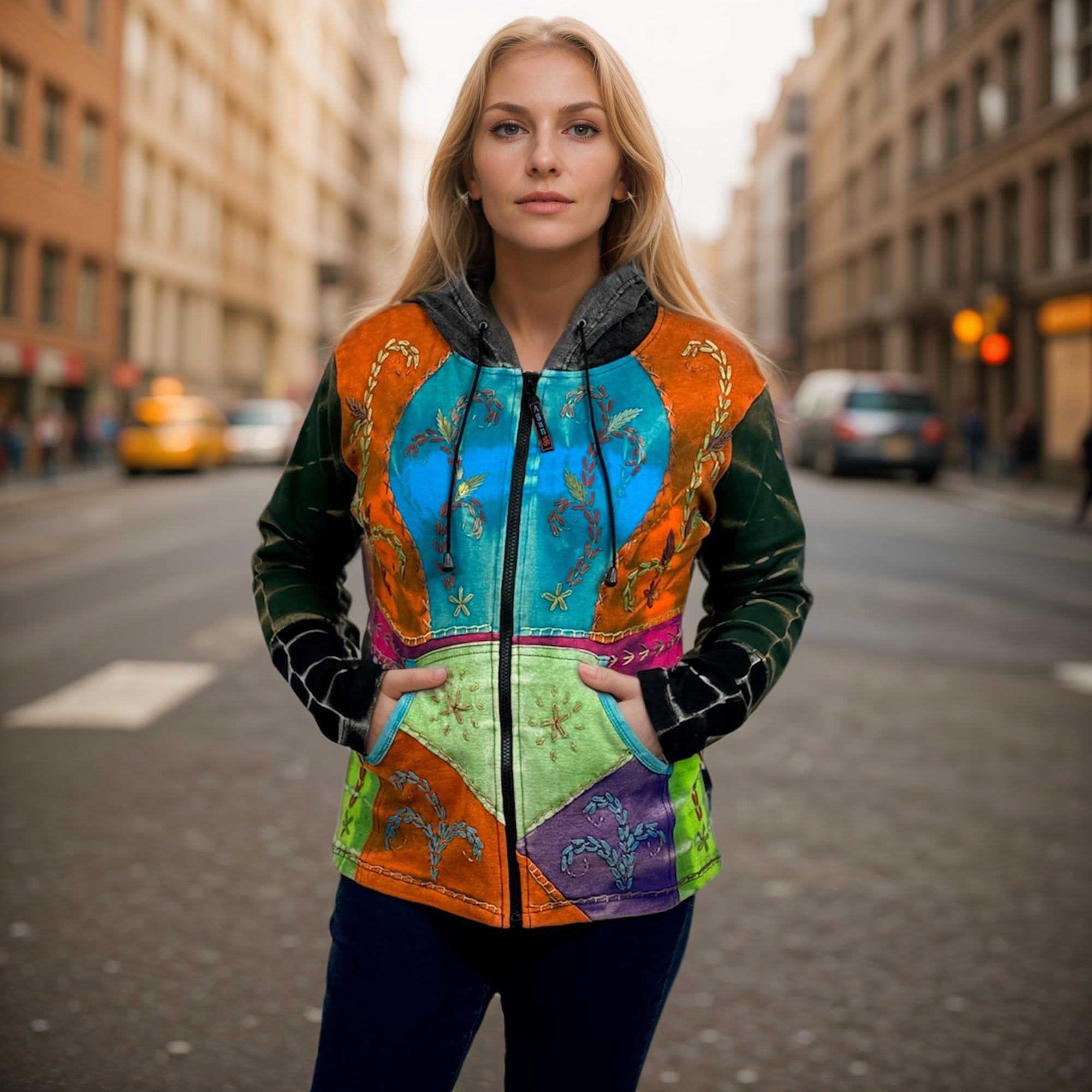 Agan Traders Women's 2025 Spring Boho Rib Knit Patch Tie-Dye Hoodie Sweatshirt Jacket - Cozy Casual Wear for Spring Outings & Street Fashion
