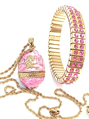 Exquisite Faberge Egg Style Pink Jewelry Set for Women - 24K Gold Plated Adjustable Necklace & Bracelet Set with Genuine Topaz - Handmade Russian Inspired Birthday Gift for Her - Perfect for Anniversaries, Valentine's Day & Special Occasions