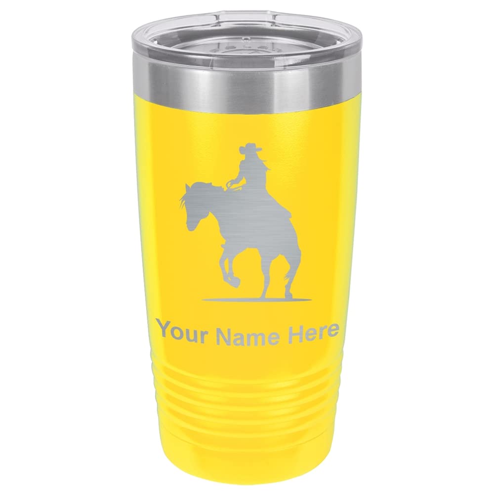 LaserGram 20oz Vacuum Insulated Stainless Steel Tumbler Mug with Cowgirl Riding Horse Design - Personalized Engraving Included (Yellow) - Perfect for Coffee, Tea & Cold Drinks at Home, Office or Outdoor Adventures