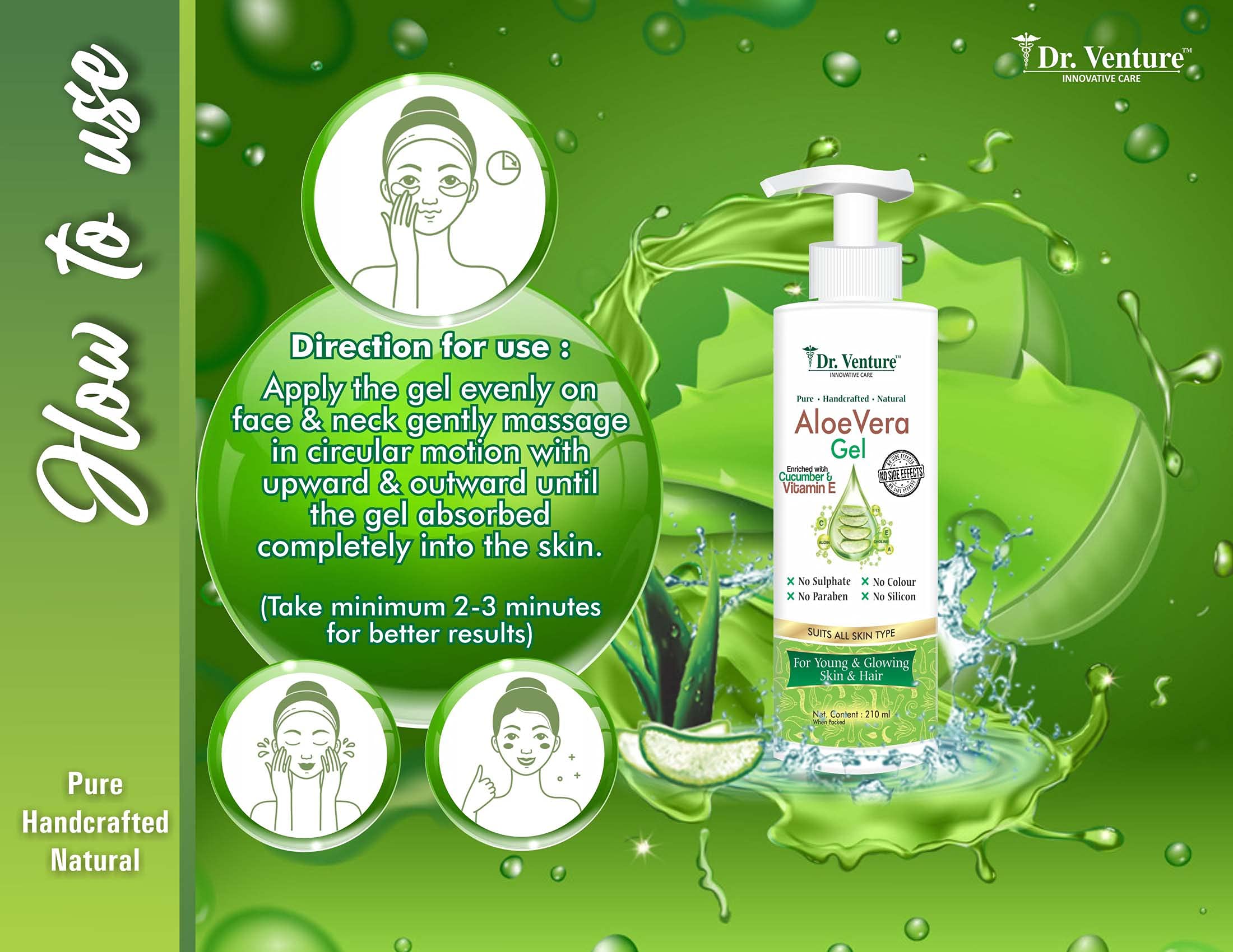 Dr Venture Aloe Vera Gel for Skin & Hair Care - 210ml + Neem, Tulsi & Amla Herbal Shampoo for Hair Loss & Dandruff Control - 200ml | Natural Moisturizer & Scalp Treatment for Daily Hair & Skin Care Routine