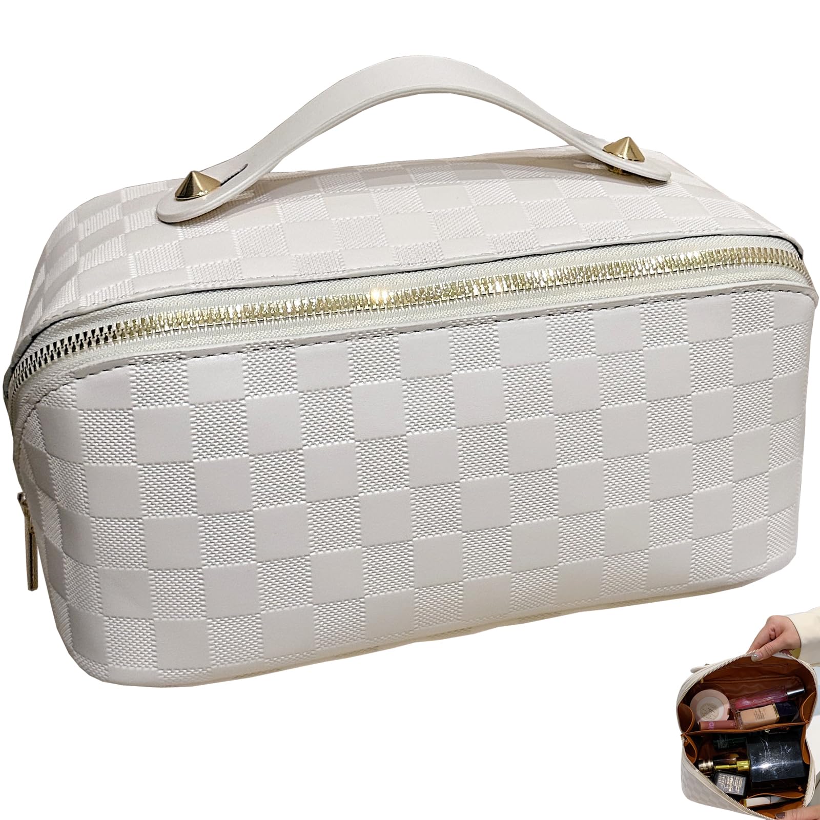 Checkered Makeup Bag for Women - Large Capacity Waterproof PU Leather Cosmetic Organizer with Wide Opening | Perfect for Travel, Gym & Daily Essentials Storage (White Checkered Pattern)