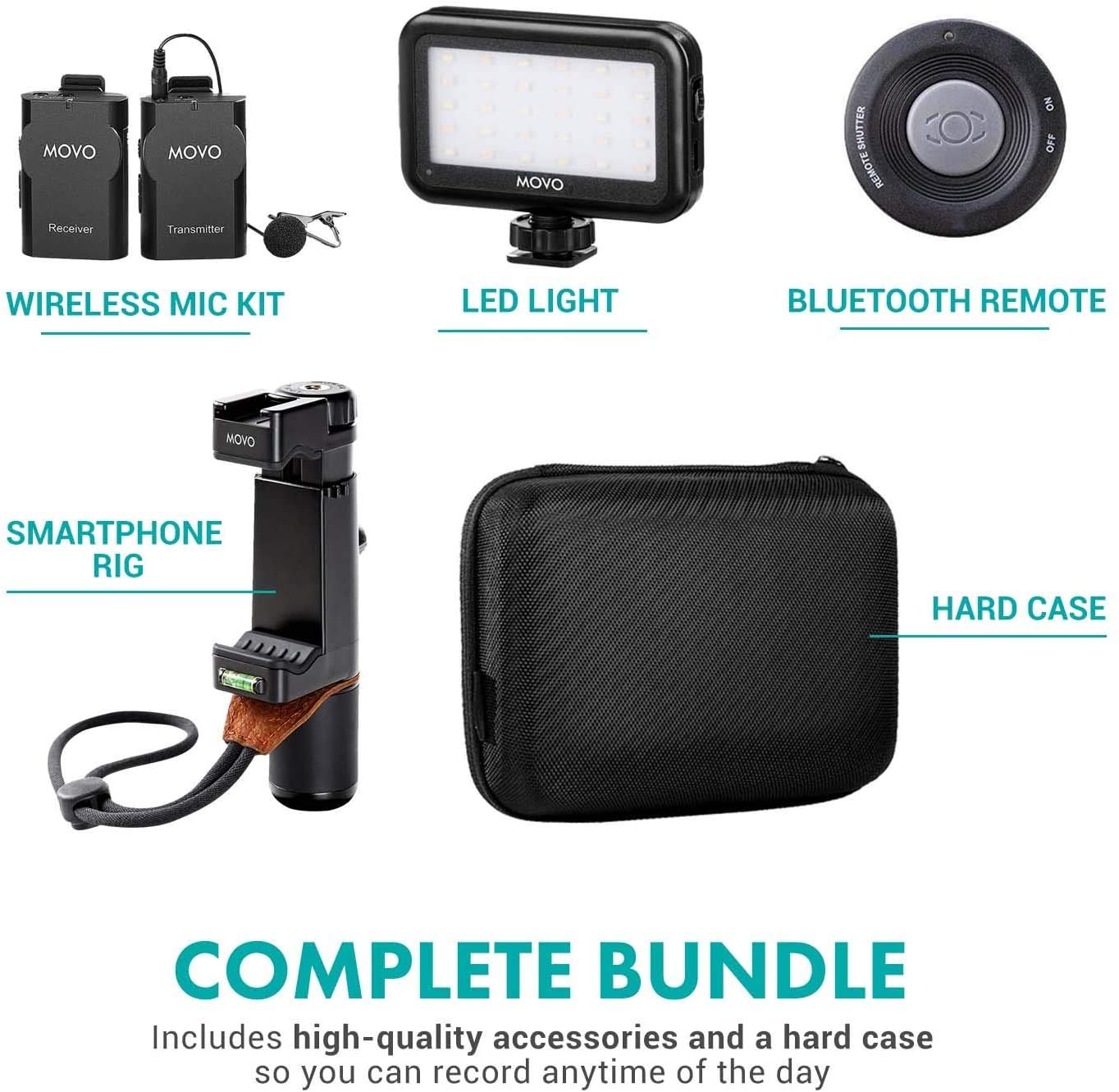 Movo Wireless Smartphone Video Kit V2+ with Tripod, Grip, Wireless Lavalier Microphone, LED Light & Remote - YouTube, TikTok, Vlogging & Live Streaming Equipment for iPhone 6/6S/7/8/X/XS/XS Max/XR/11/11 Pro & Samsung Galaxy - Perfect for Content Creators, Influencers & Video Professionals