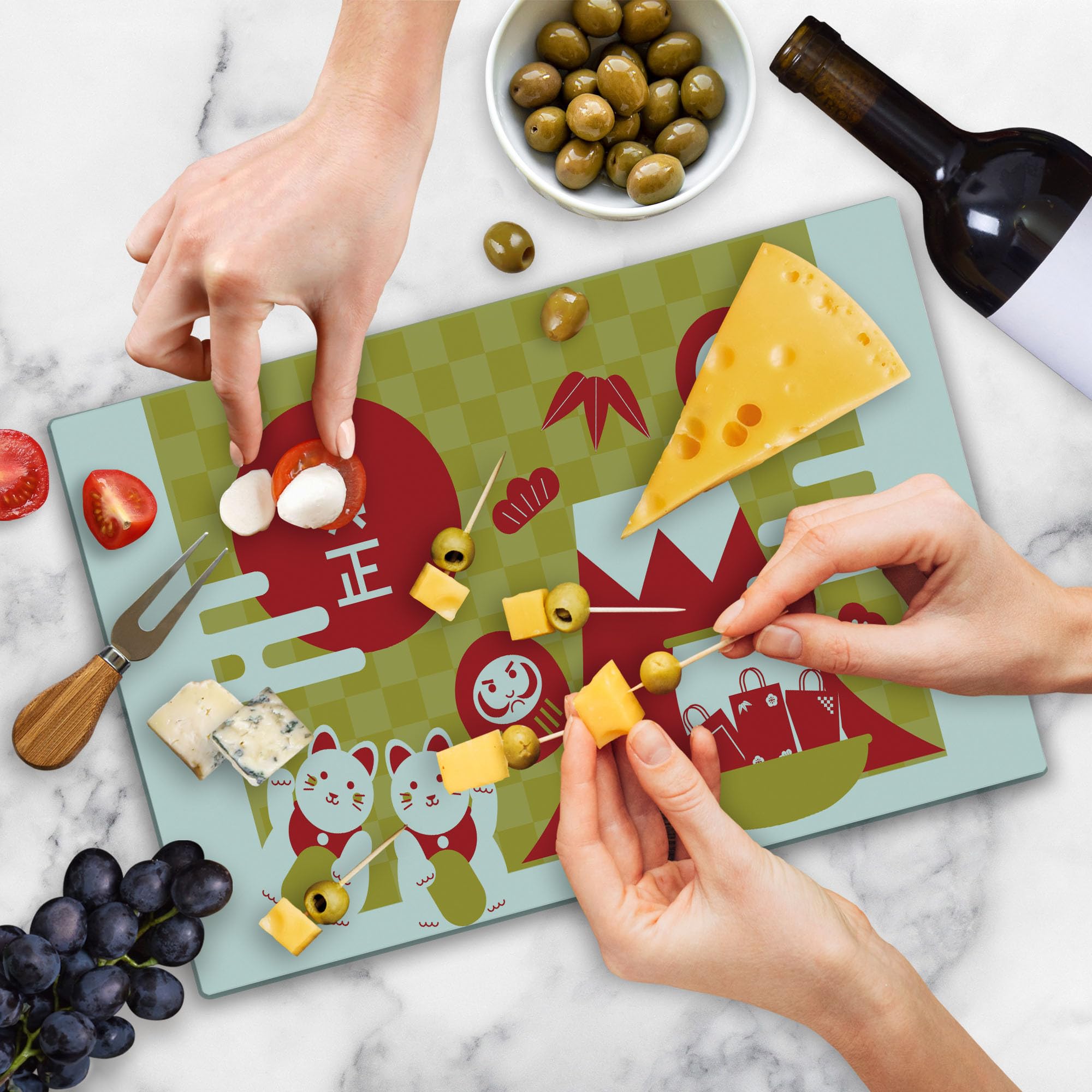 Ambesonne Japanese Cat Cutting Board - Lucky Maneki Neko Dharma Doll Design, Tempered Glass Serving Tray for Kitchen & Dining, Large Size (Vermilion/White/Earth Yellow) - Perfect for Sushi Presentation, Cheese Platters & Holiday Entertaining