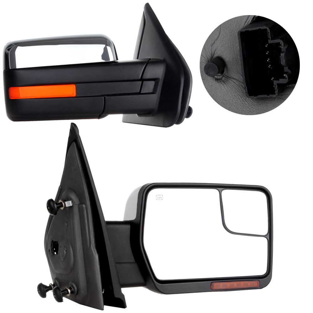 CCiyu Power-Adjusted Heated Towing Mirror with Turn Signal & Puddle Light - Right Side (RH) Chrome Replacement for Ford F150 (2004-2014) & F250 (1997-1999) - Perfect for Towing, Night Driving & Off-Road Adventures