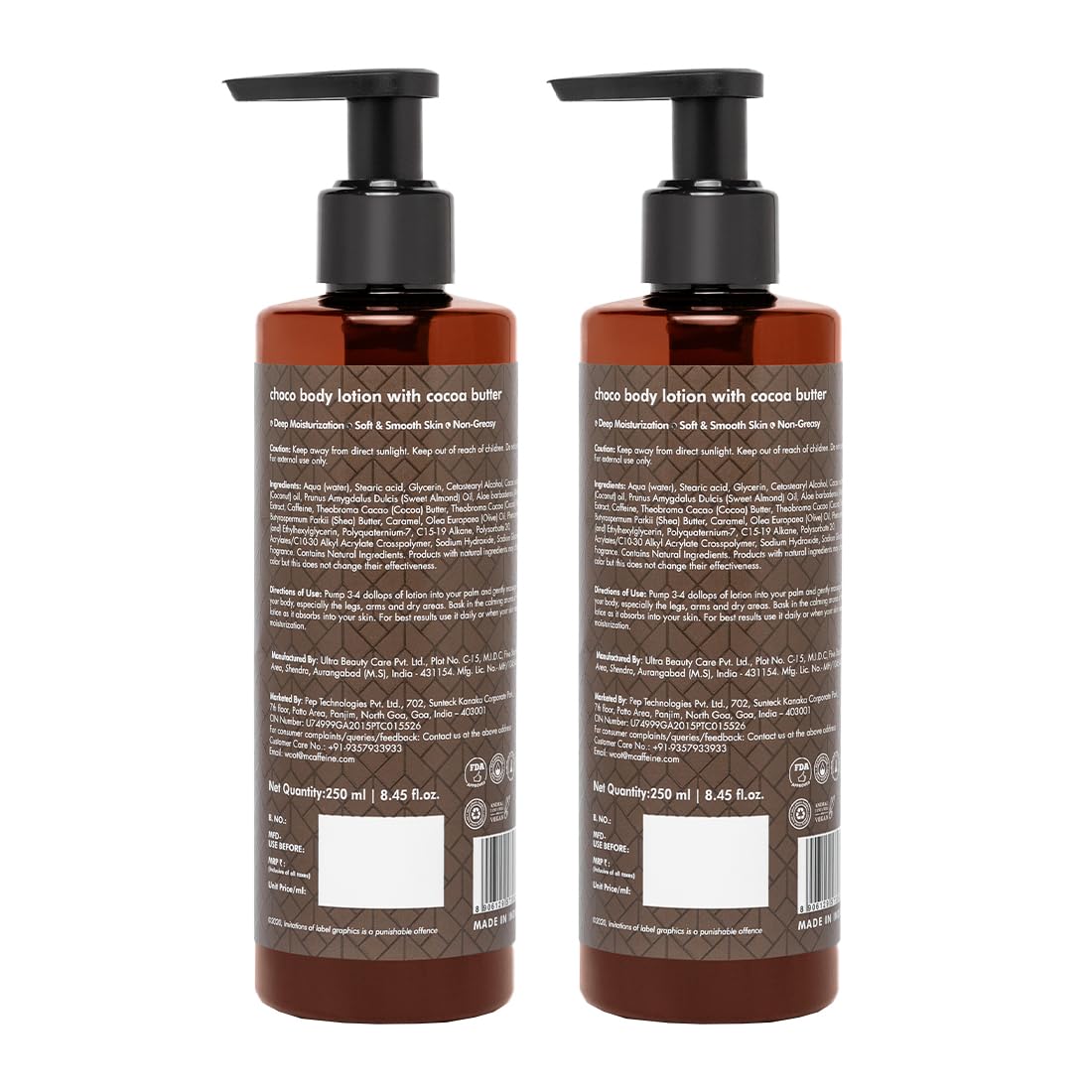 mCaffeine Deep Moisturizing Choco Body Lotion for Dry Skin - Pack of 2 | Cocoa Butter & Shea Butter Body Moisturizer for Women & Men | Non-Sticky, All Season Hydration (500ml) | Perfect for Daily Skincare Routine & Post-Shower Use