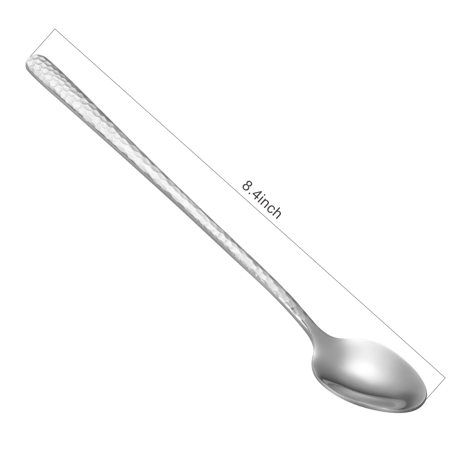 8.4-Inch Stainless Steel Hammered Ice Tea Spoons - Long Handle Coffee & Ice Cream Spoons Set of 6 - Perfect for Cocktail Stirring, Tea Parties & Dessert Serving