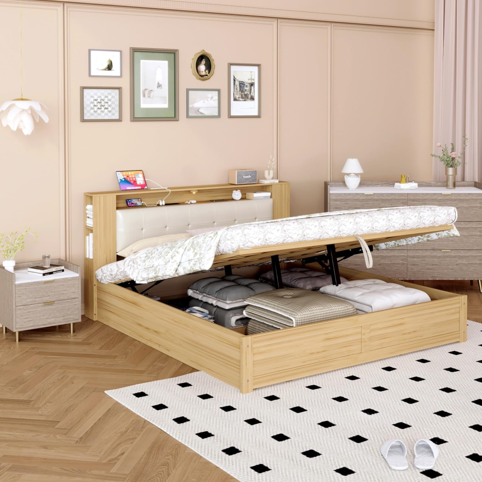 Merax 3-Piece Queen Size Bedroom Set with Upholstered Platform Bed, Storage Nightstand & 6-Drawer Dresser - Motion Activated Night Lights & USB Charger - Modern Bedroom Furniture for Small Spaces & Guest Rooms
