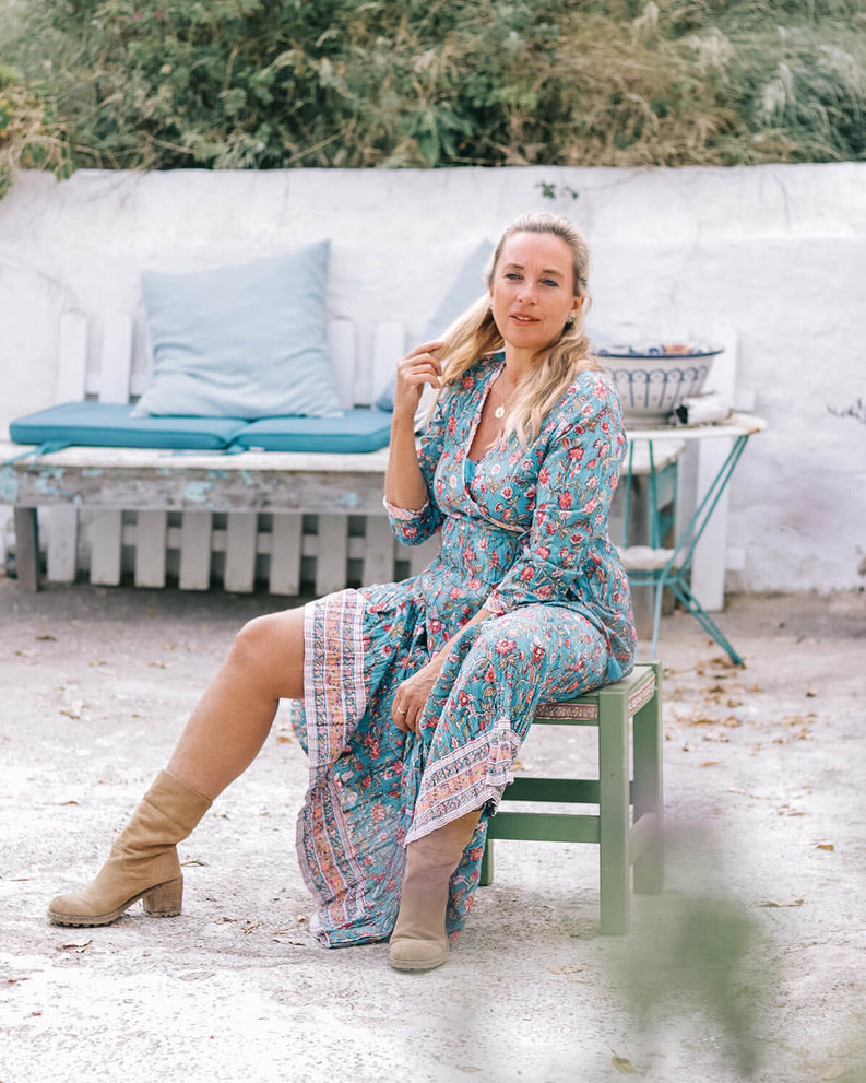 Elegant Wrap Dress in Amber Blue - Flattering Women's Midi Dress for Casual Wear, Office & Special Occasions