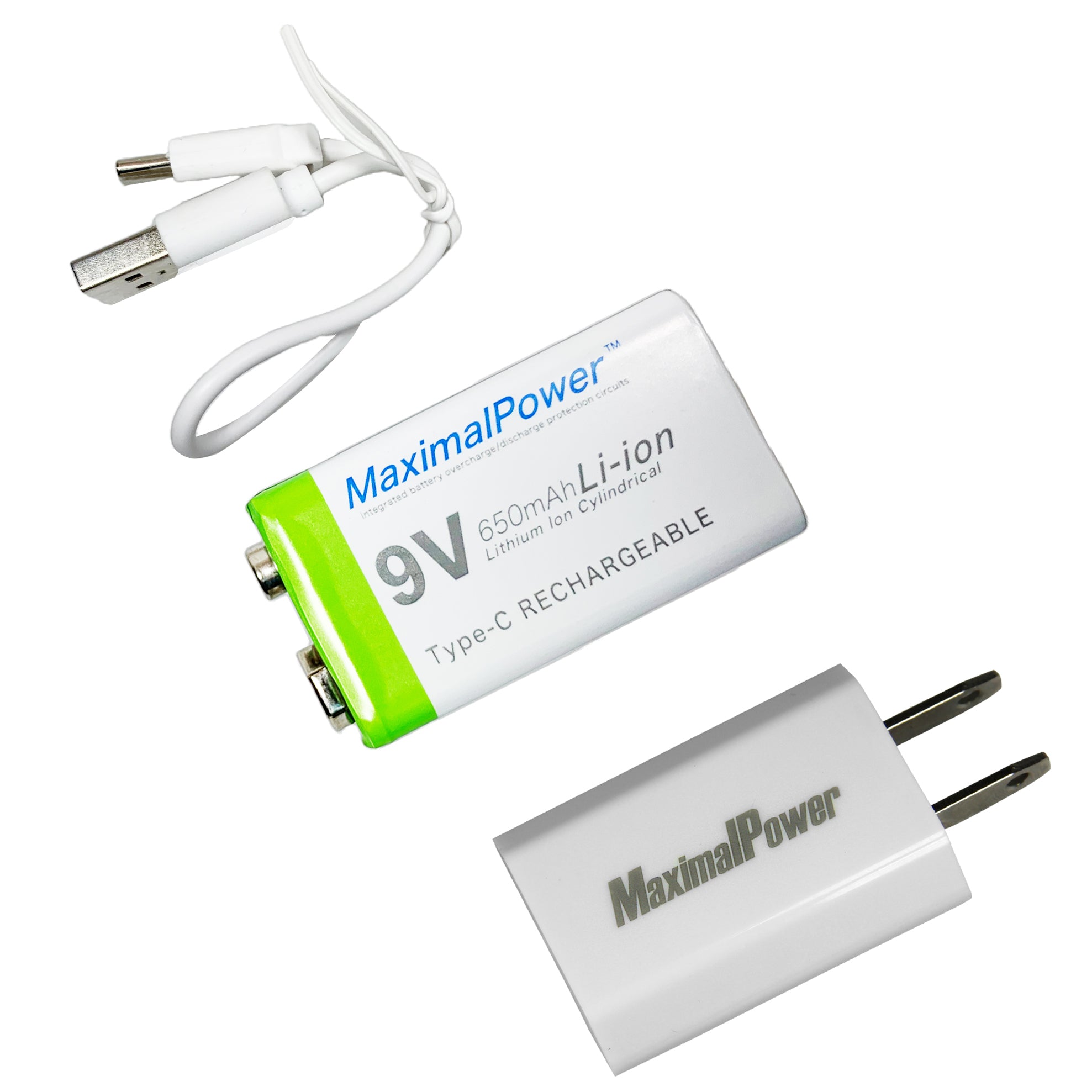 9V 650mAh Rechargeable Lithium Ion Battery with USB Type C Cable - Power for Guitar Pedals, Smoke Detectors & Electronic Devices
