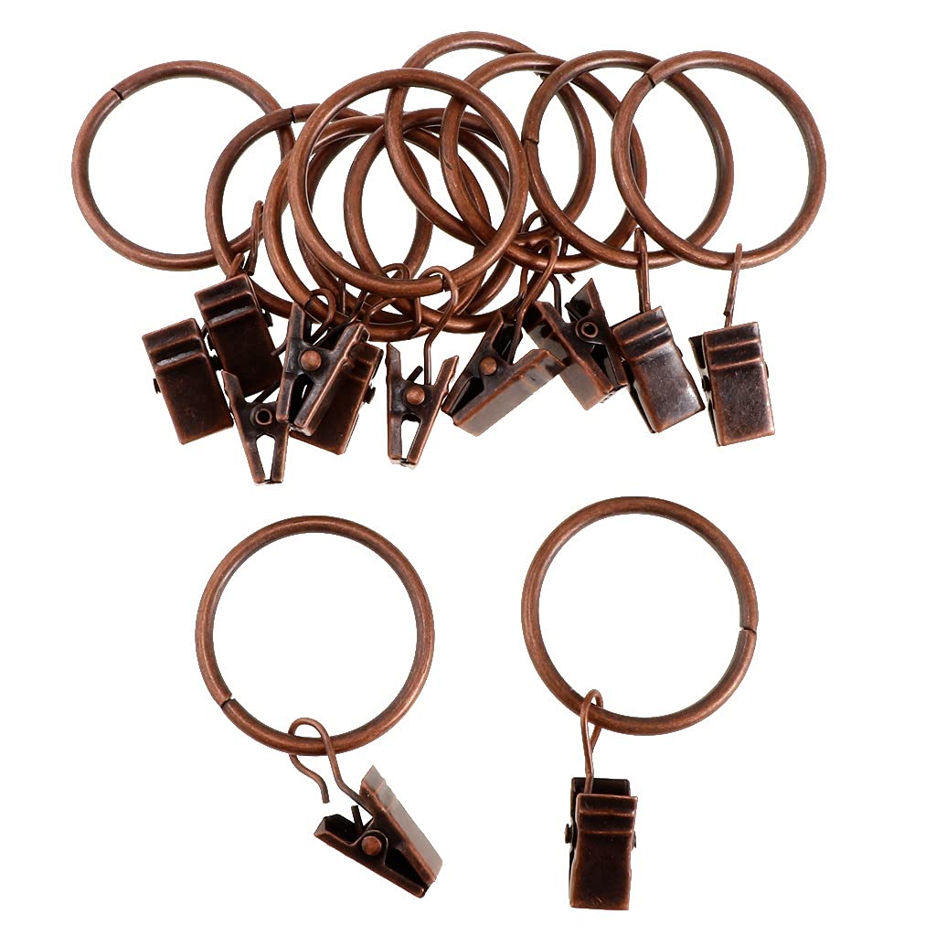GANFANREN 12 Pack Vintage Metal Curtain Rings with Clips - Strong Decorative Drapery Hooks, 32mm Copper Rings for Hanging Curtains - Perfect for Living Room, Bedroom & Window Decor
