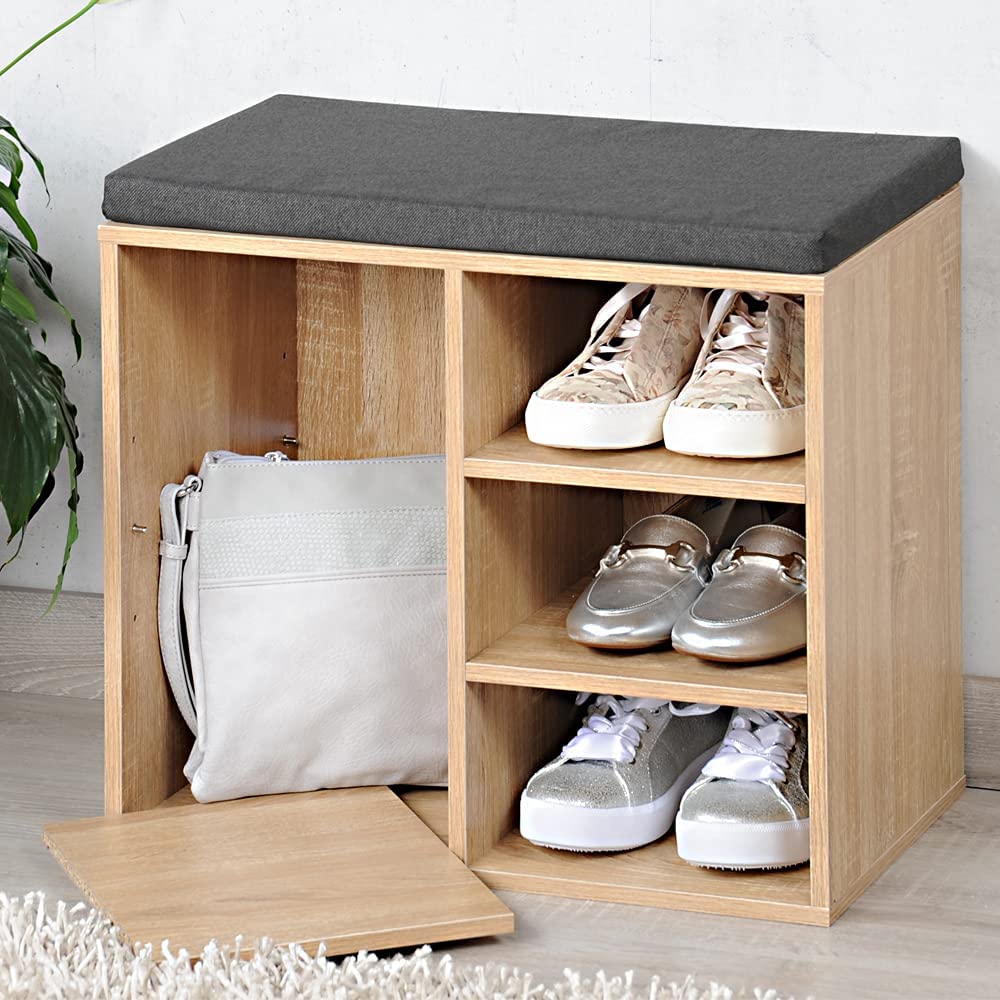 Light Oak/Grey Shoe Cabinet with Seat Cushion - Entryway Storage Bench with Cushion for Hallway, Mudroom & Living Room Organization