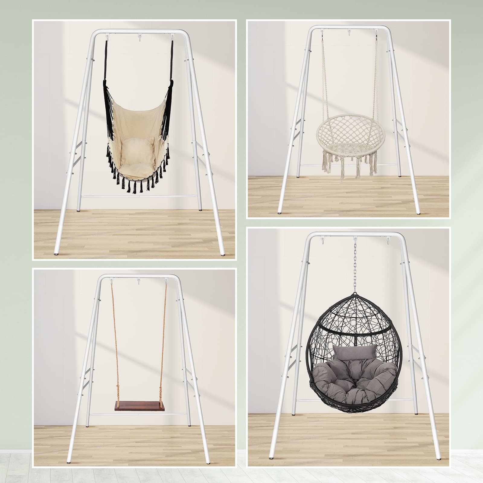 Heavy-Duty Wrought Iron Hammock Chair Stand with 3 Rings - Adjustable 4-Legged Swing Stand for Indoor/Outdoor Use - Sensory Swing Stand with Non-Slip Foot Pads - Perfect for Porch, Patio, Garden, Nursery or Meditation Space (White)