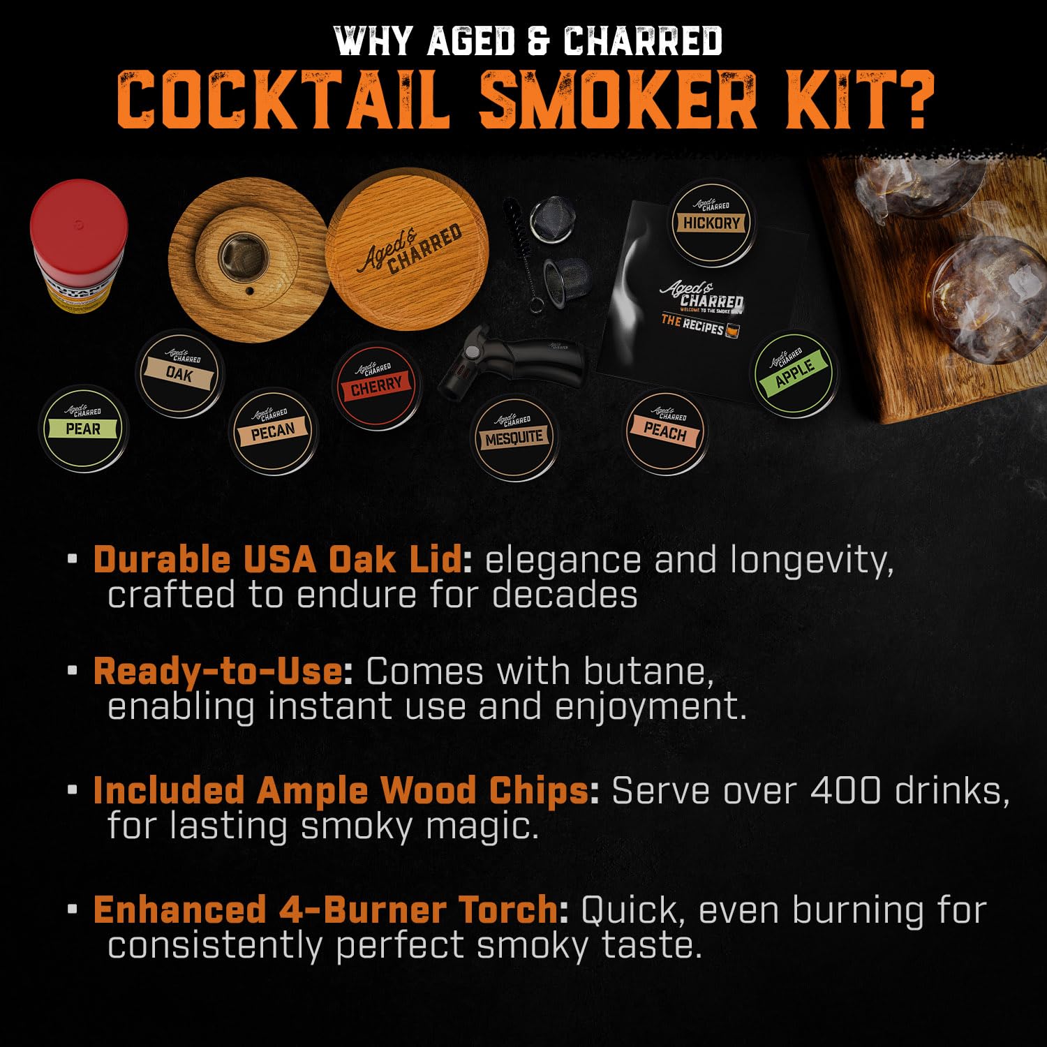 Premium Whiskey Cocktail Smoker Kit with Torch & 8 Flavored Wood Chips - American Oak Cocktail Smoker for Old Fashioned & Bourbon Drinks - Butane Included - Perfect for Home Bars, Gifts for Men & Cocktail Enthusiasts