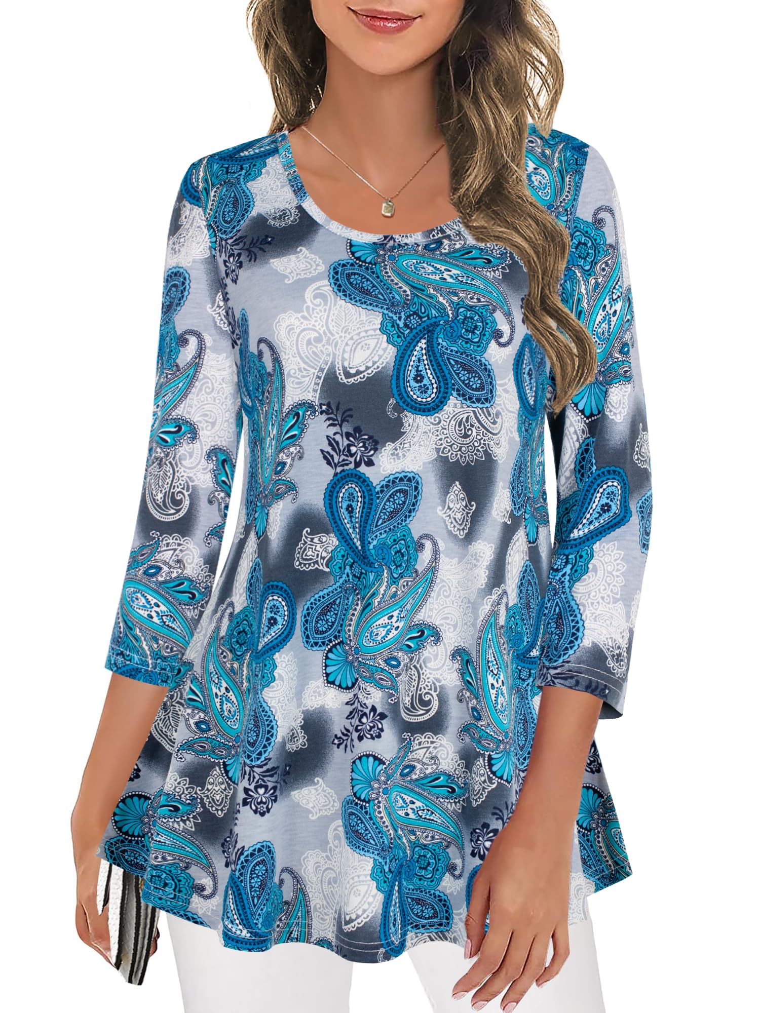 Nandashe Women's 3/4 Sleeve Floral Tunic Top - Summer Casual Blouse with Flowy Fit for Work, Date Night & Vacation Outfits