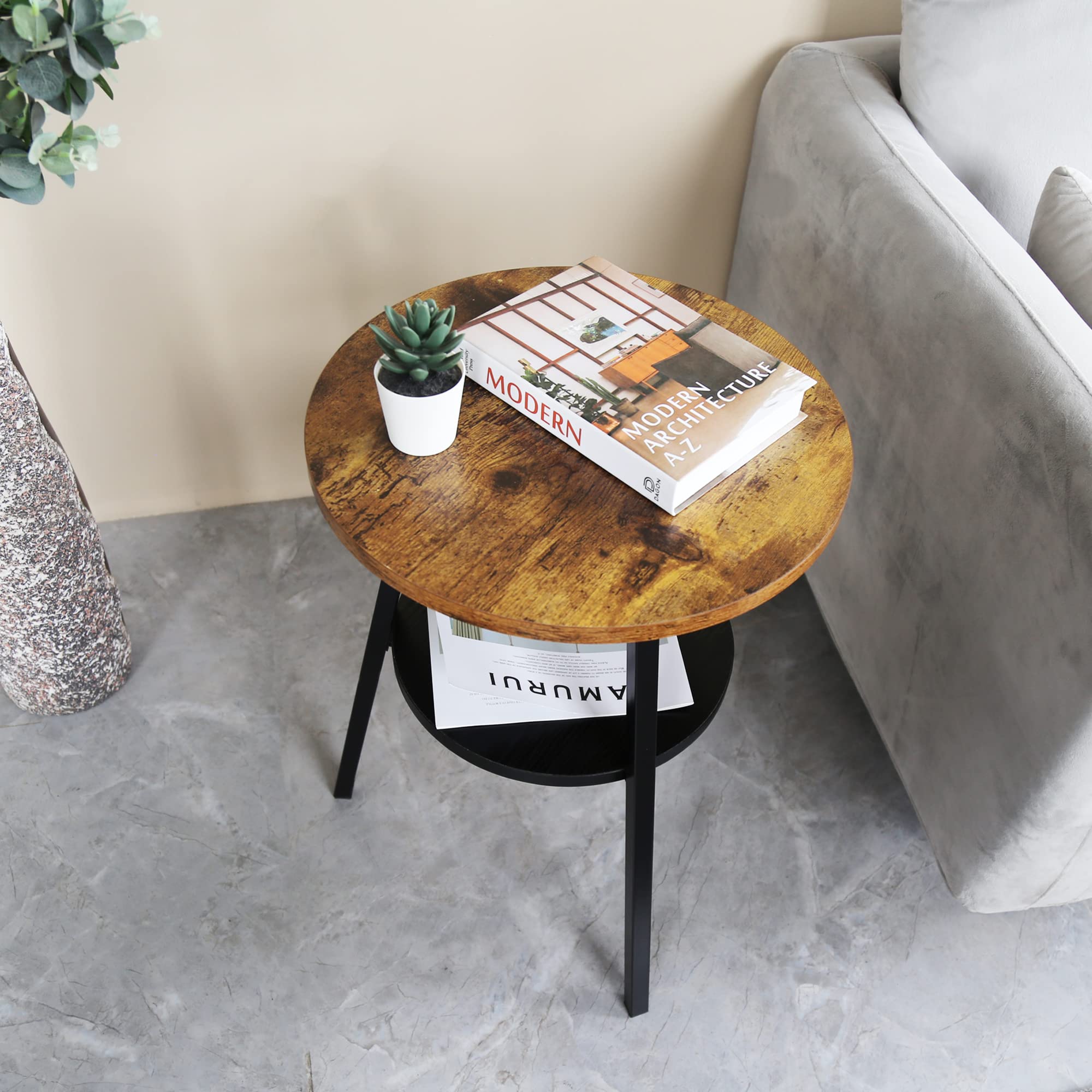 INHABIT UNION Round End Table - Rustic Brown Wooden Accent Table with Storage Shelf | Small Side Table for Living Room, Bedroom & Balcony | Space-Saving Furniture for Apartments & Small Spaces