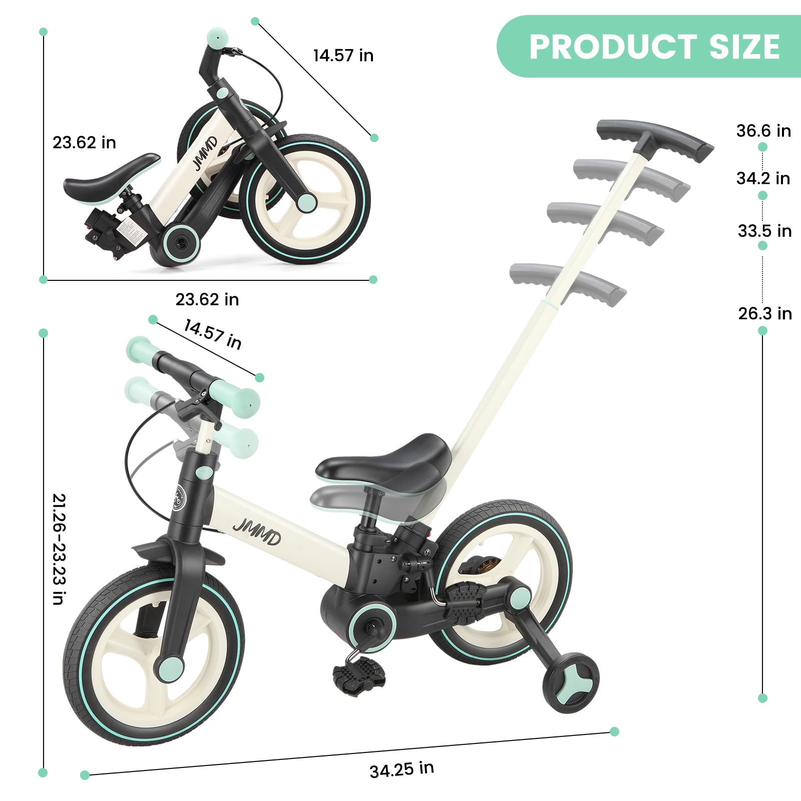 JMMD 6-in-1 Foldable Toddler Bike with Push Handle, Training Wheels & Pedals - Adjustable Balance Bike for Kids 18-60 Months - Perfect First Bike Gift for Boys & Girls - Ideal for Backyard Riding, Park Adventures & Learning to Cycle