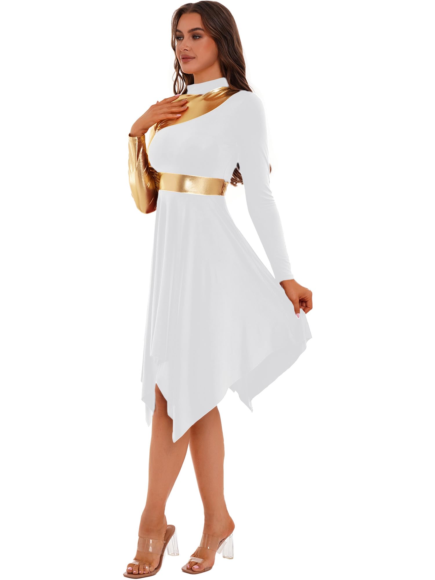 EasyForever Women's Metallic Gold Color Block Praise Dance Dress - Long Sleeve Worship Dance Overlay for Church Performances & Special Occasions