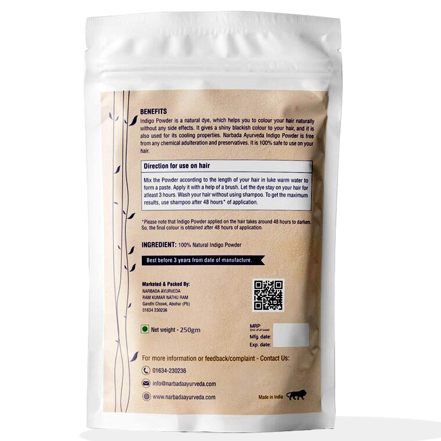 Narbada Ayurveda Pure Indigo Powder 250gm - Natural Hair & Beard Dye for Black & Brown Color | Promotes Hair Shine, Strengthening & Conditioning | Perfect for At-Home Hair Coloring & Herbal Hair Care