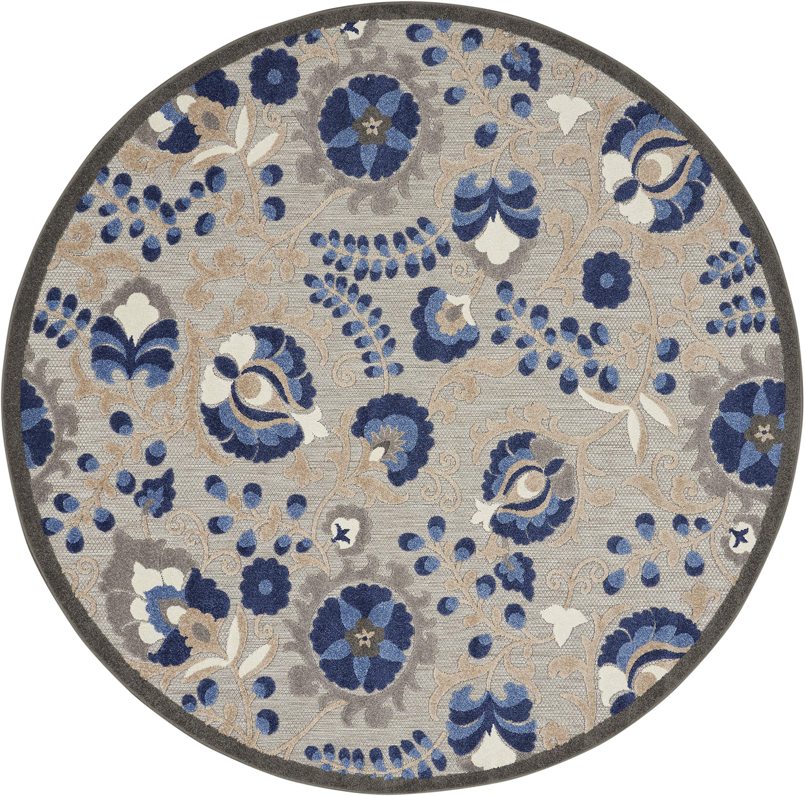 Nourison Aloha 8' Round Indoor/Outdoor Area Rug - Natural & Blue, Non-Shedding, Easy to Clean - Perfect for Living Room, Bedroom, Dining Room, Deck, Patio & Backyard