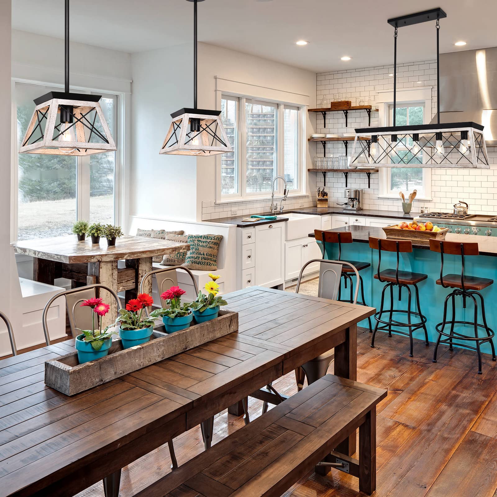 Rustic Farmhouse Kitchen Island Chandelier - 5-Light White Wood Finish Linear Hanging Light Fixture for Dining Room & Modern Kitchen | Perfect Over Table, Breakfast Nook & Bar Counter Lighting