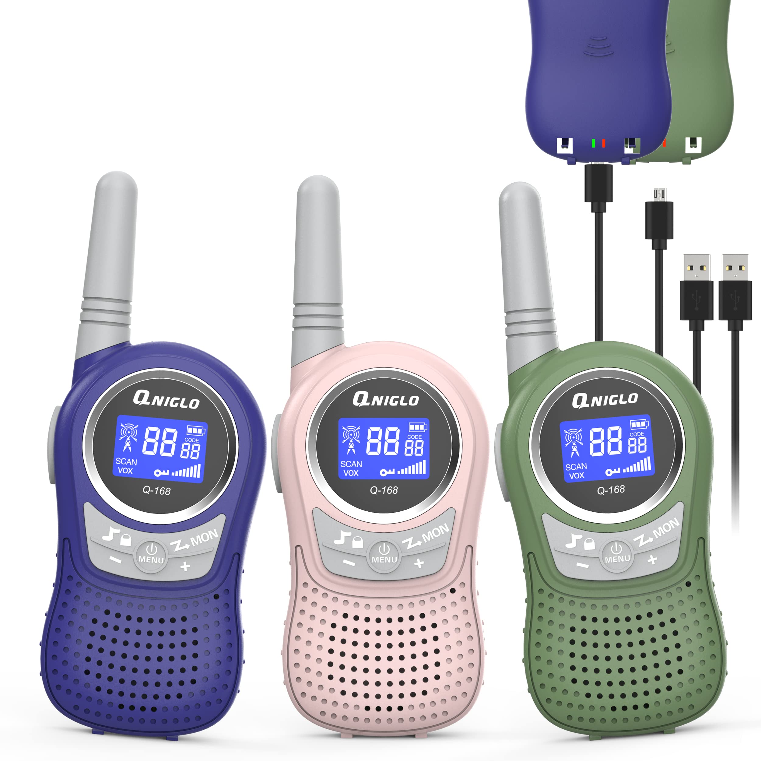 Qniglo Rechargeable Walkie Talkies for Kids & Adults - 3 Pack Long Range Two-Way Radios with VOX, Perfect for Outdoor Camping, Hiking, Family Games, and as Christmas/Birthday Gifts for Boys & Girls