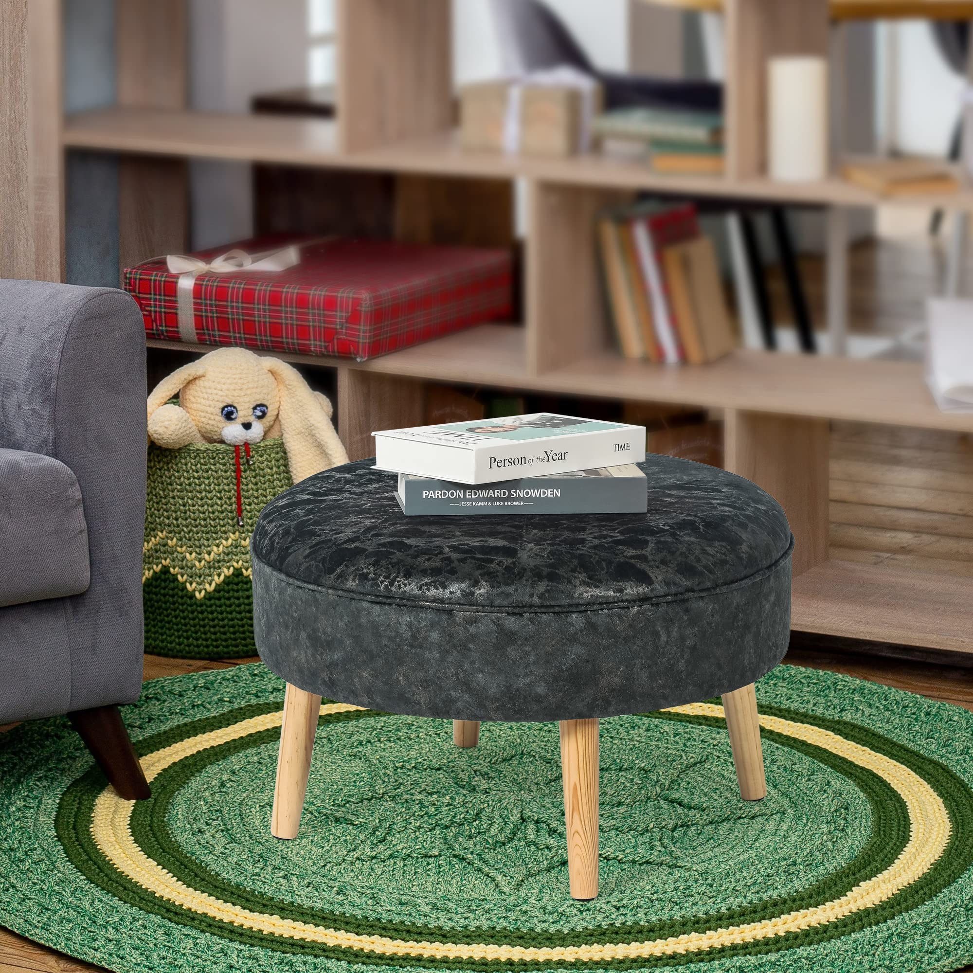Adeco Round Small Velvet Ottoman - Button Tufted Footrest Stool with Wood Legs, Padded Seat for Living Room, Bedroom & Office - Modern Coffee Table Companion & Pet Step Stool (Grey-Gold) | Perfect for Relaxing, Reading & Home Decor