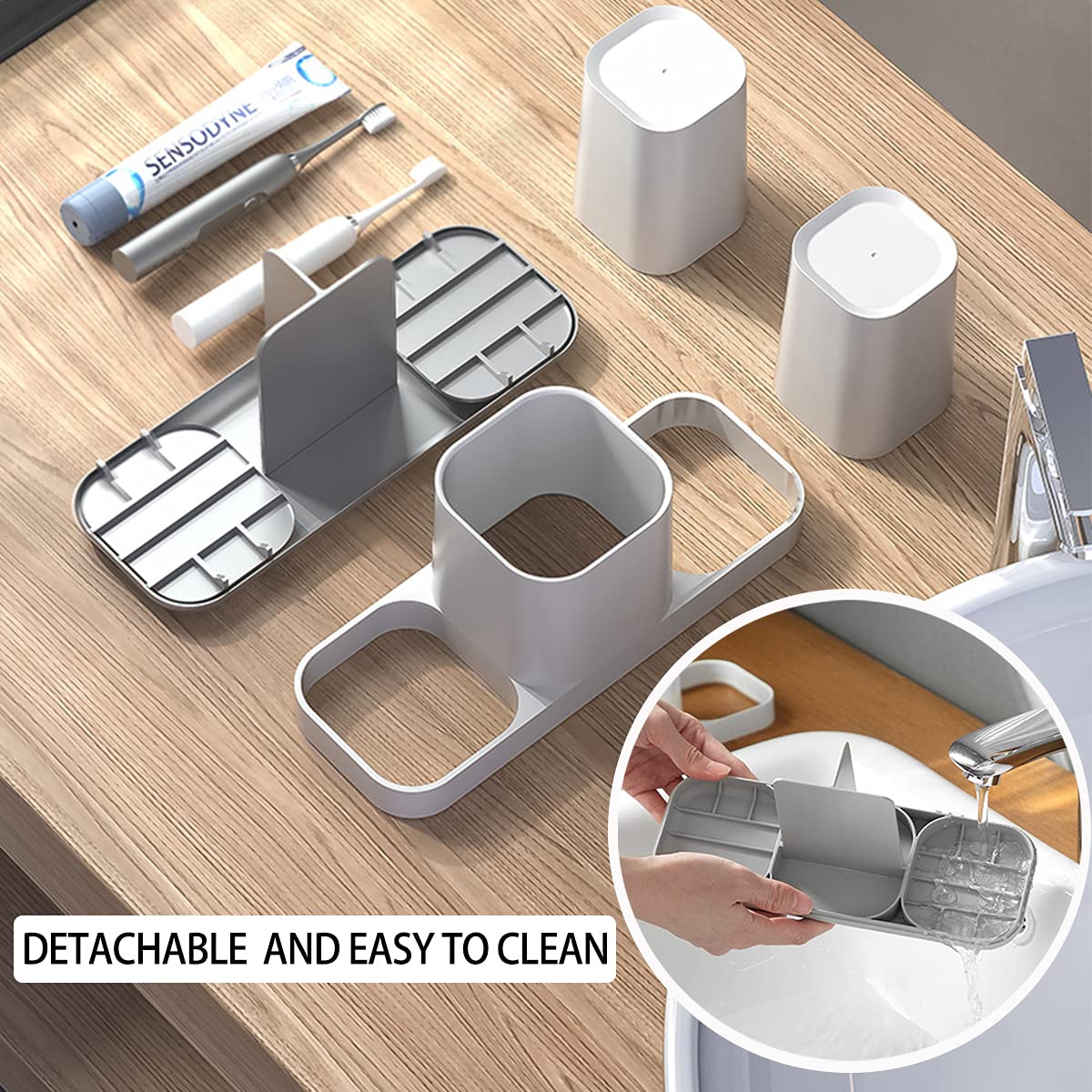 **Electric Toothbrush Holder Stand with 2 Cups - Bathroom Organizer for Toothbrush, Toothpaste, Razor & Dental Floss - White | Perfect for Countertop Storage & Small Space Organization**