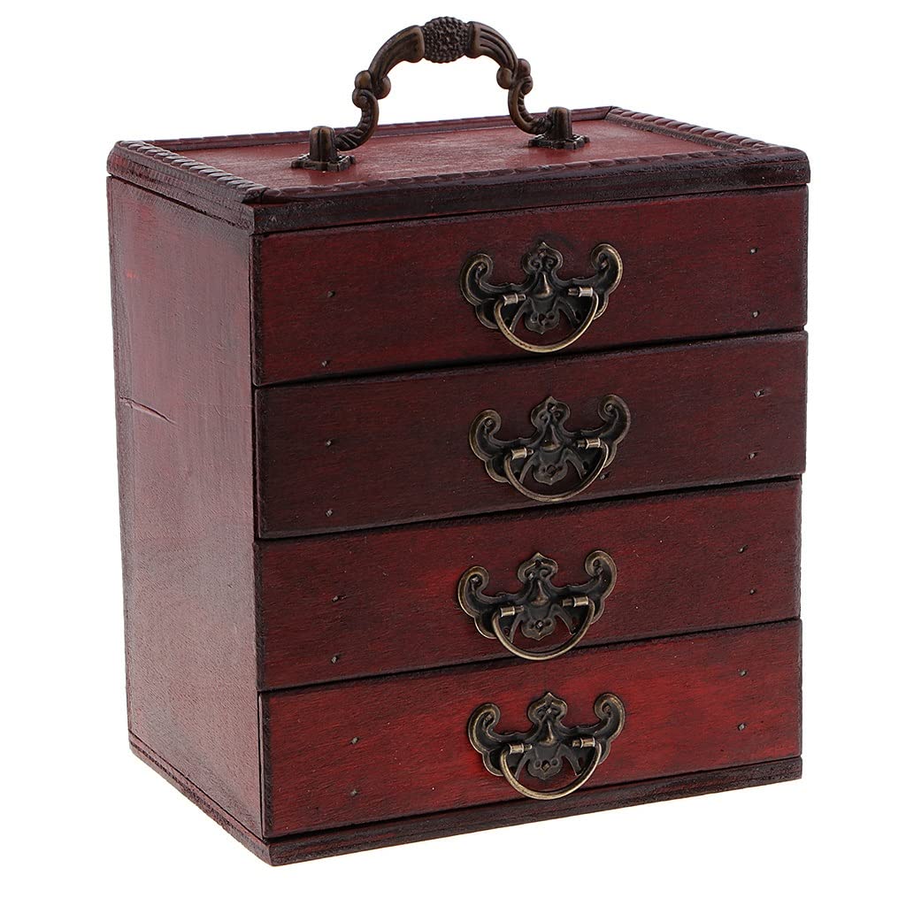 Antique 4-Layer Wooden Treasure Chest Storage Box - Vintage Jewelry Organizer & Keepsake Box for Home Decor, Wedding Gifts, and Collectibles Display