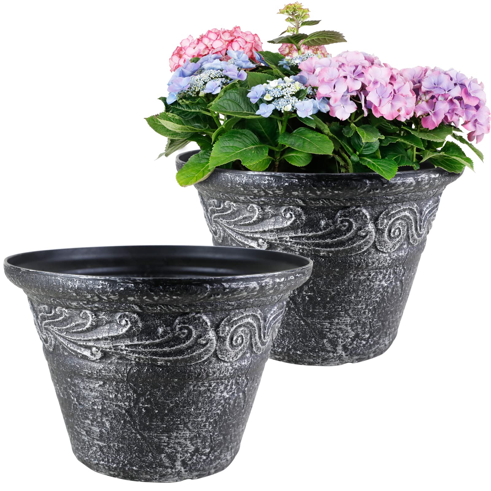 Worth Garden 12 Inch Plastic Planter 2 Pack - Round Resin Flower Pots with Drainage Holes for Indoor/Outdoor Plants - Lightweight Black Large Plant Pots for Home, Patio & Garden Decor