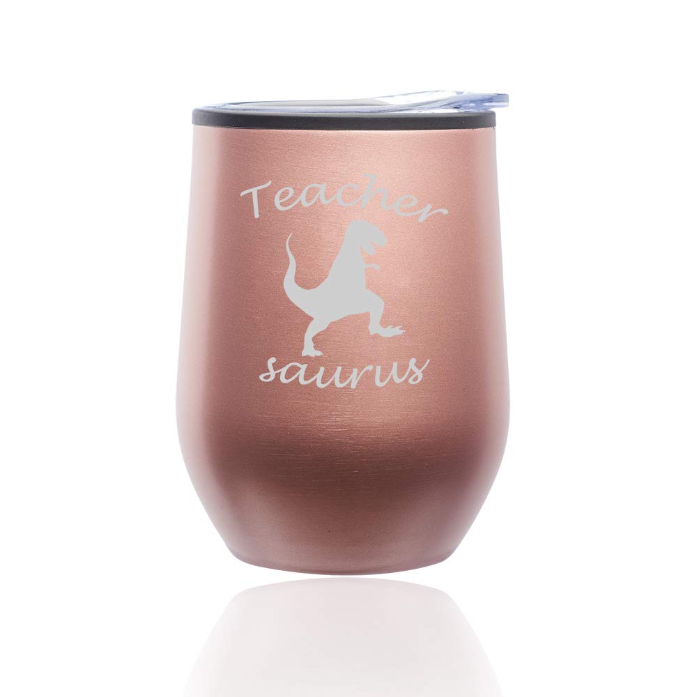 Stemless Wine Tumbler with Lid - 16oz Insulated Coffee Travel Mug, Funny Teacher Saurus T-Rex Design in Rose Gold - Perfect for Hot/Cold Drinks, Office, Gifts & Outdoor Activities
