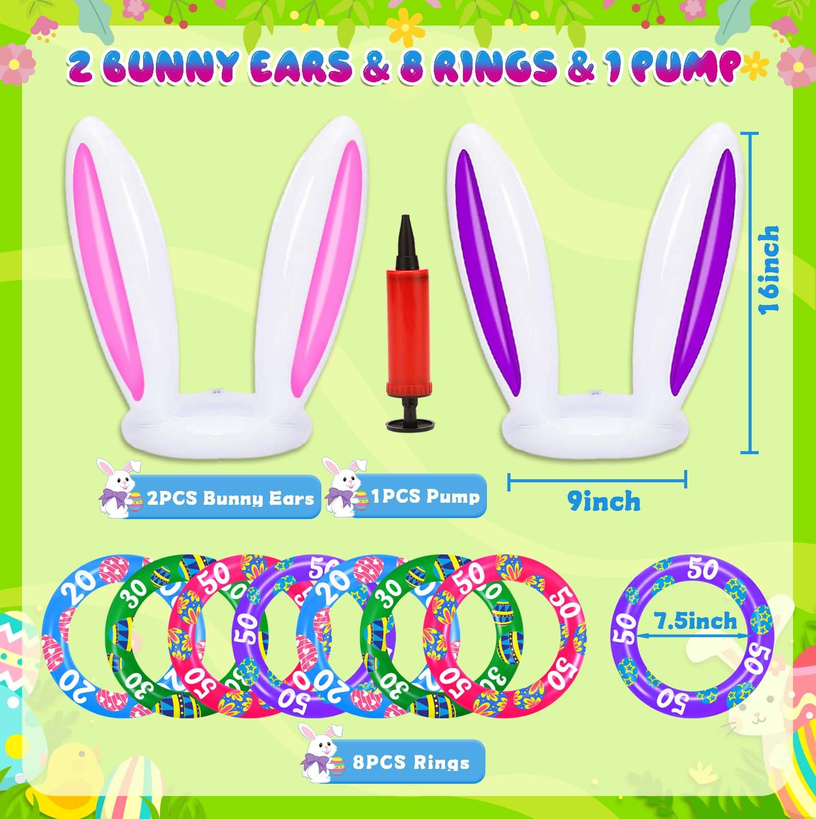 Easter Bunny Ring Toss Game Set - 2 Pack with 8 Score Rings for Kids - Fun Indoor Outdoor Easter Party Games - Perfect for Easter Egg Hunts, Backyard Parties & Family Gatherings