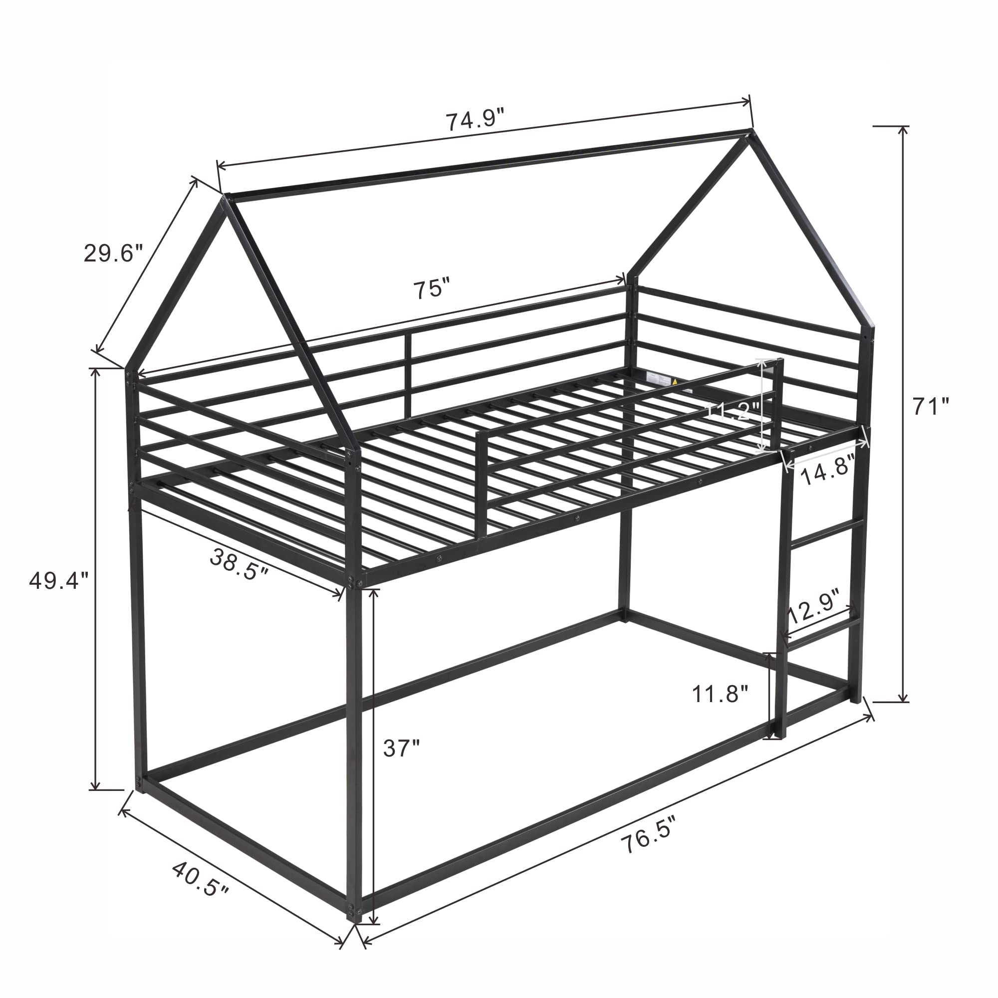 **Metal Twin Over Twin Bunk Bed with Roof - Sturdy House Bunk Bed for Kids & Toddlers - Black - Perfect for Kids' Bedrooms, Playrooms & Small Spaces**