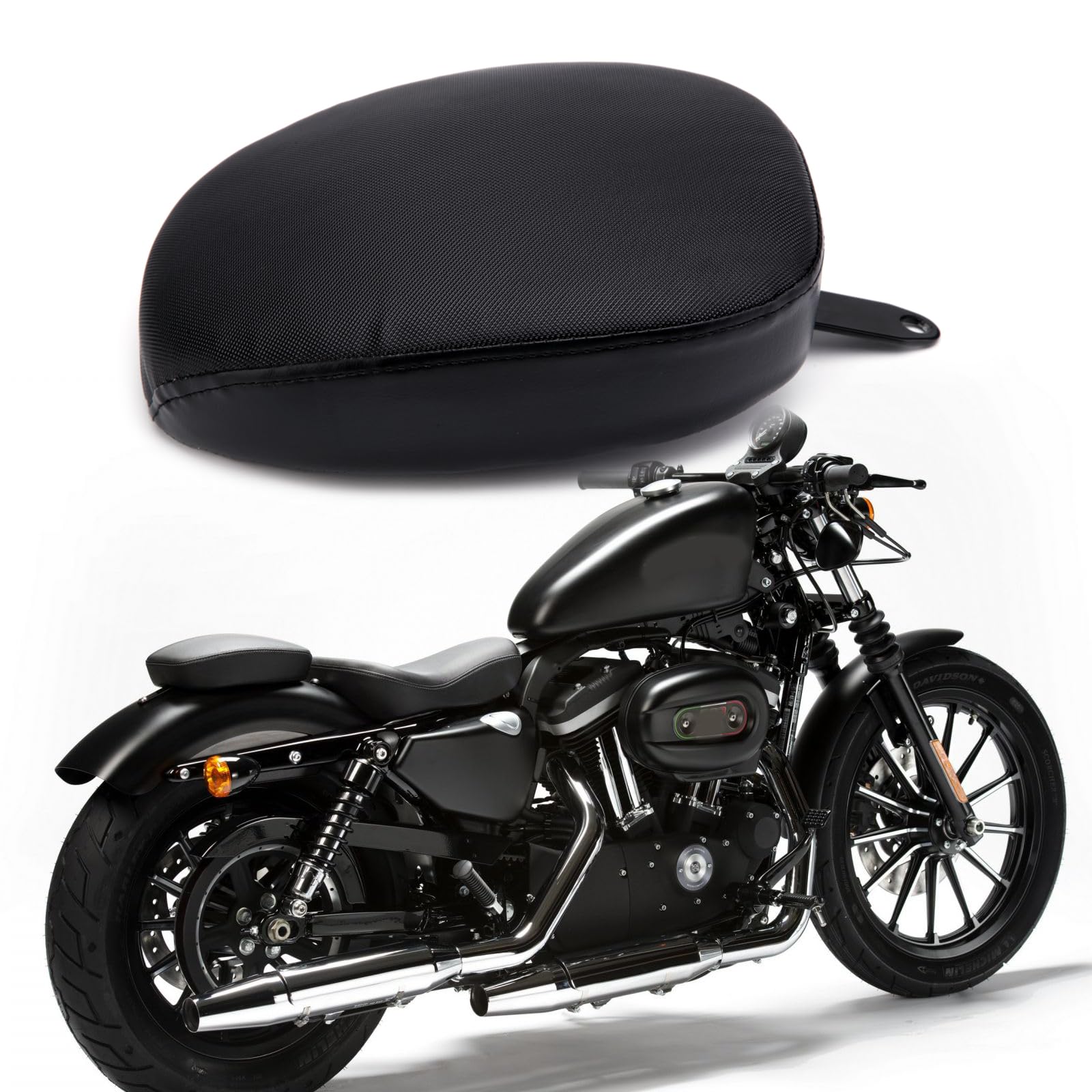 Black Motorcycle Front Driver Solo Seat & Rear Passenger Pillion Pad for Harley Sportster 48/72/Iron 883/XL883/Forty Eight/XL1200/Seventy Two 1200 - Comfortable Riding for Long Distance & City Commuting