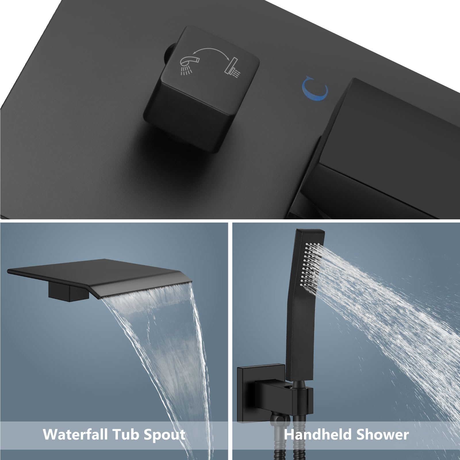 **Aolemi Matte Black Wall Mount Bathtub Faucet Set - Solid Brass Waterfall Tub Filler with Handheld Sprayer & Single Handle Rough-in Valve, Bevel Angle Spout - Perfect for Modern Bathroom & Spa Retreats**
