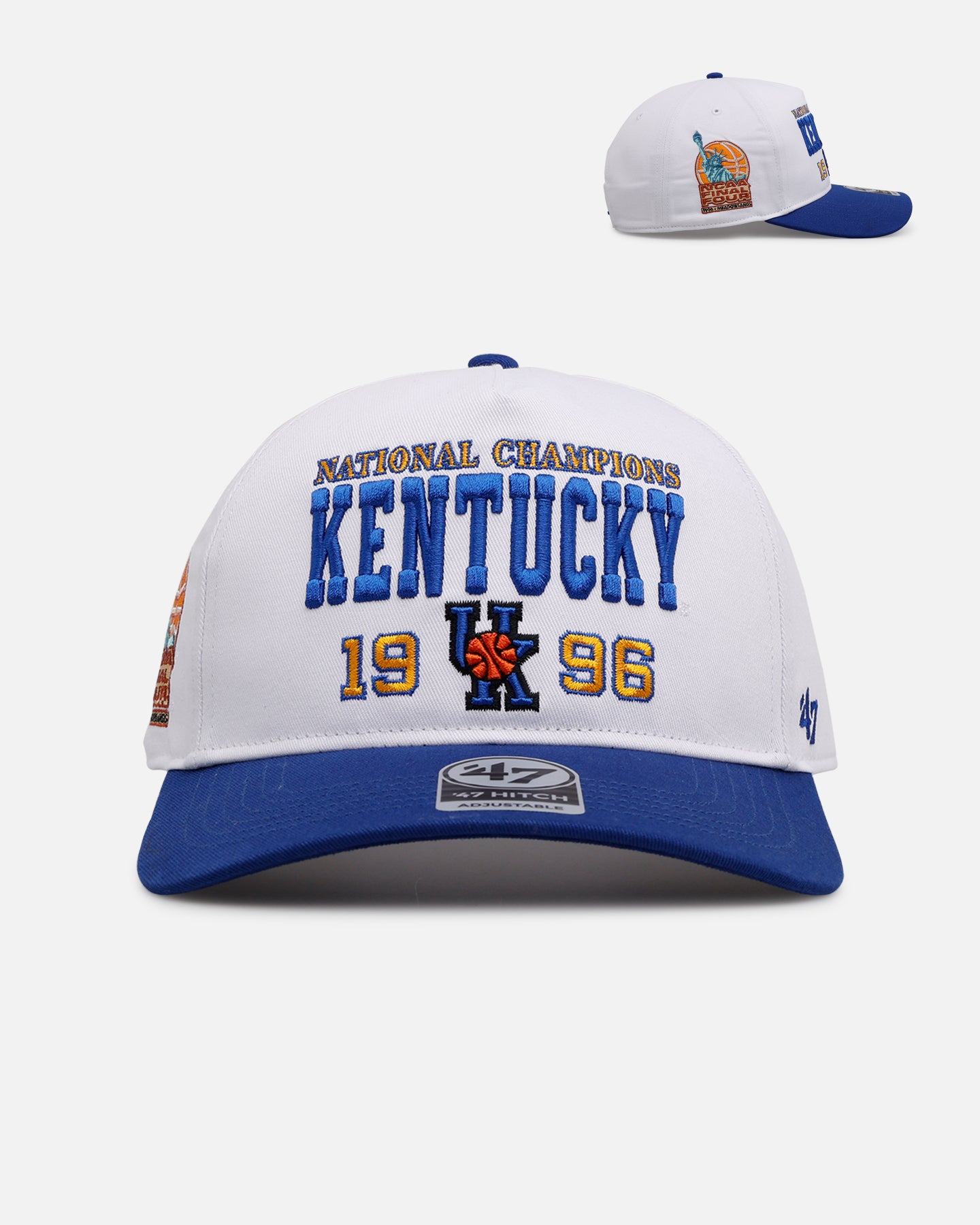 47 Brand Kentucky 1996 March Madness Snapback Hat - White and Blue Adjustable Baseball Cap for Basketball Fans and Sports Enthusiasts - Perfect for NCAA Games, Streetwear Fashion, and Casual Outfits