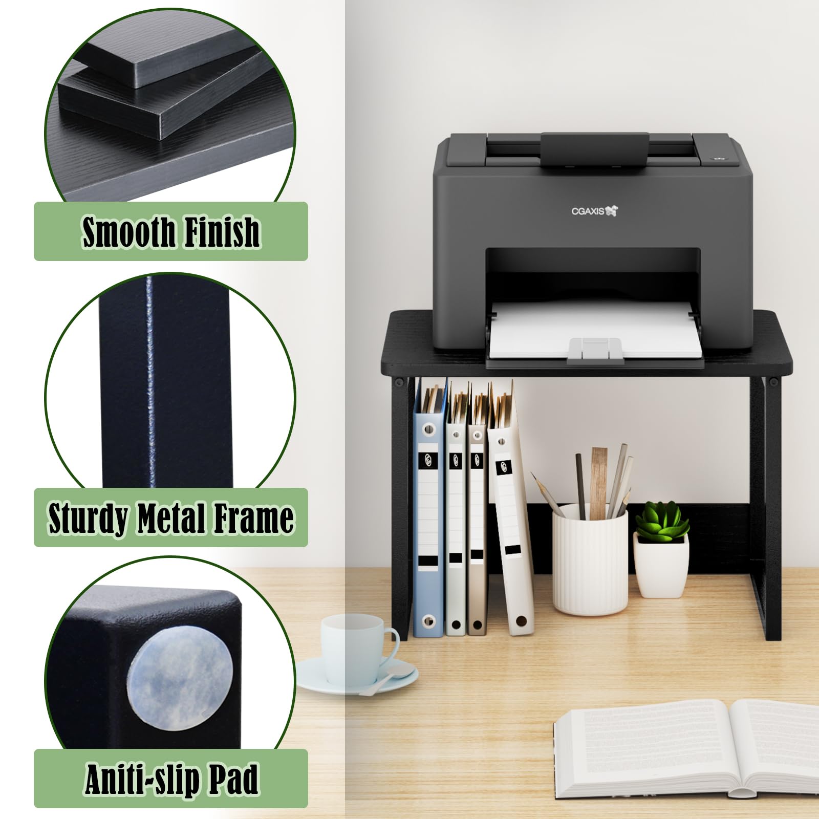 Heavy Duty Printer Stand with Storage for Desk - Black Desktop Printer Shelf Organizer for Home & Office, Under Desk Printer Riser for Fax Machine, Copier, Scanner - Perfect Workspace Organization Solution